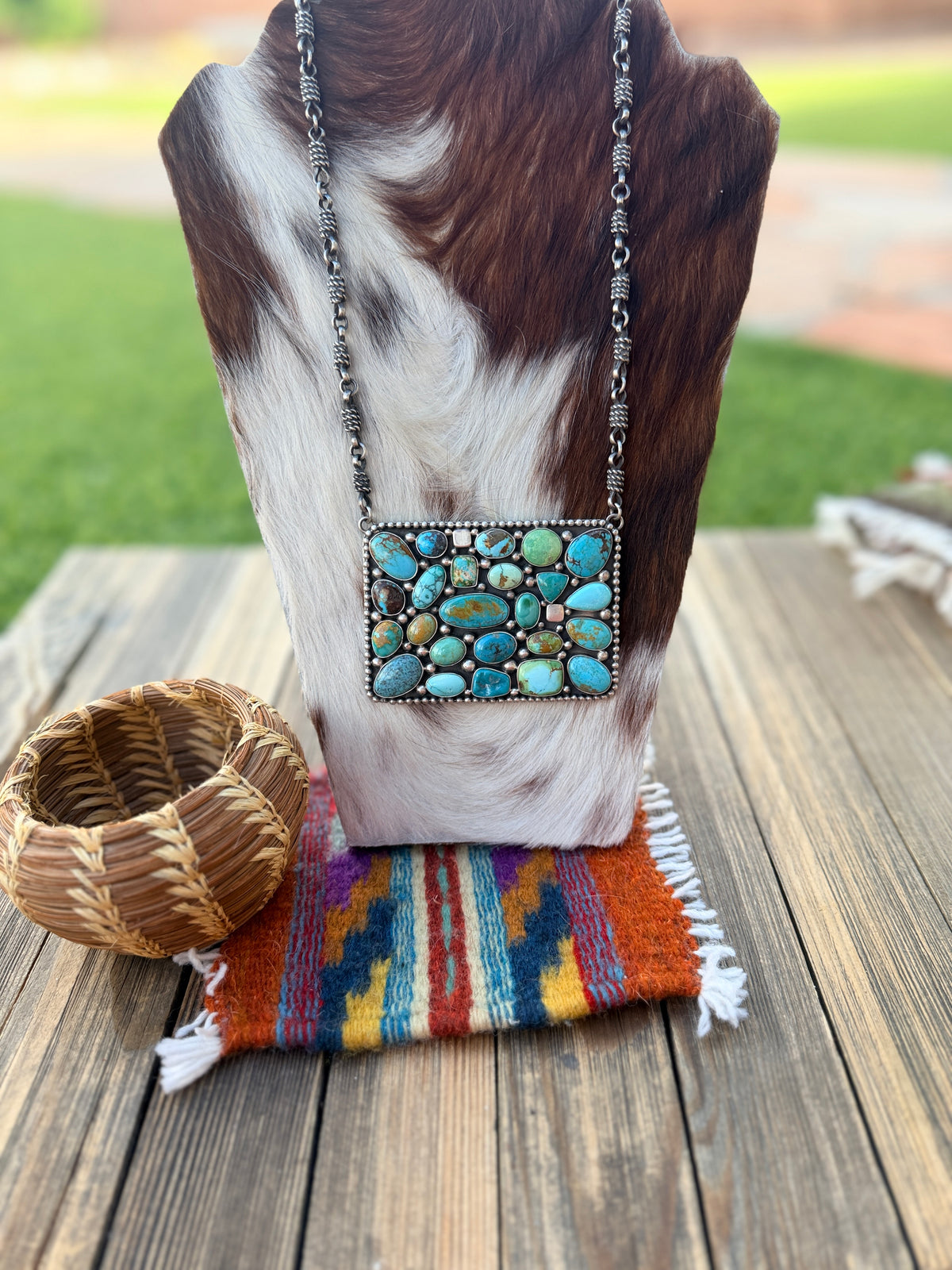Handcrafted Multi Turquoise & Sterling Silver Cluster Necklace by Charles Jobnson