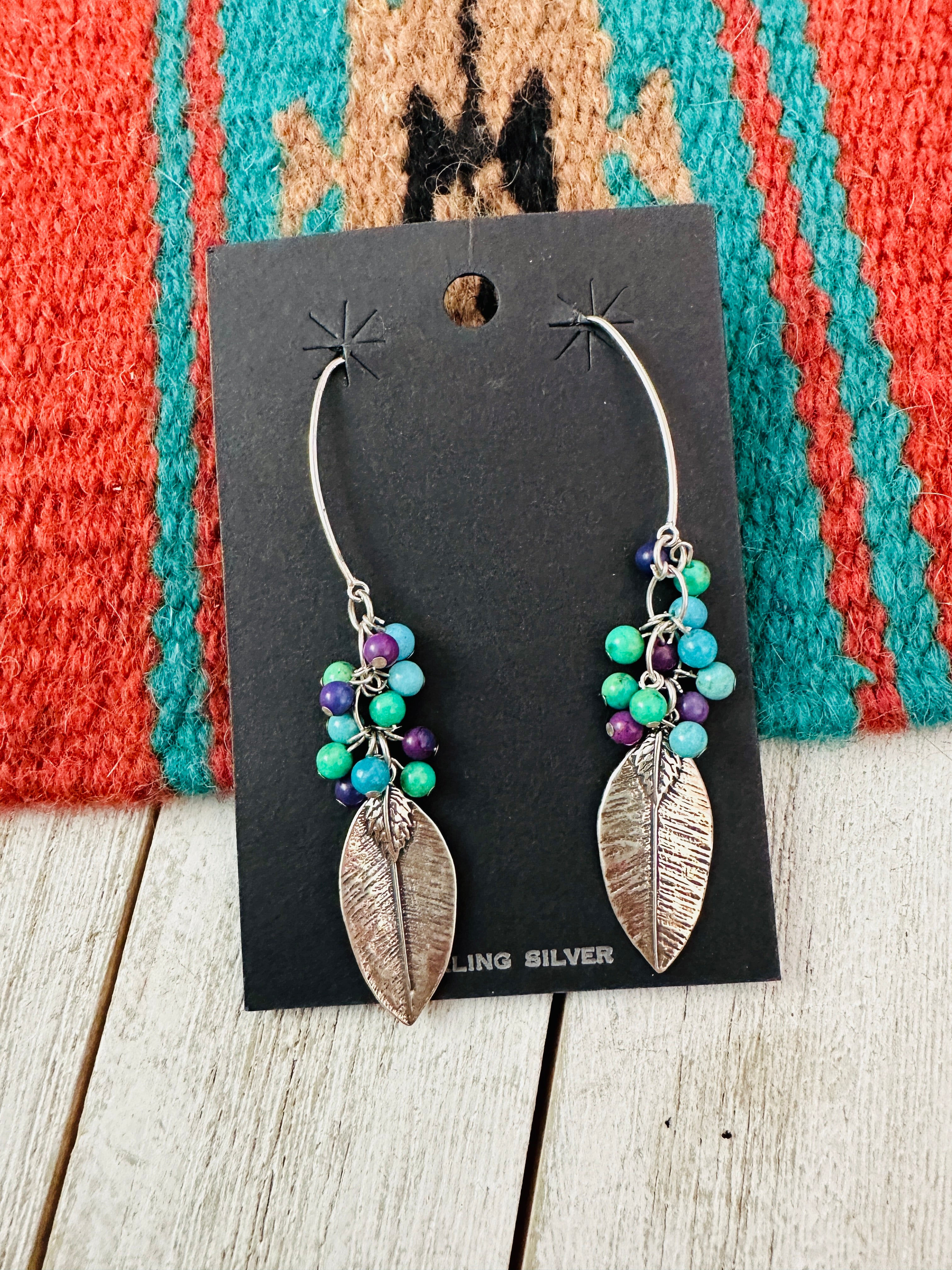 Navajo Kingman Turquoise & Sterling Silver Beaded Feather Earrings