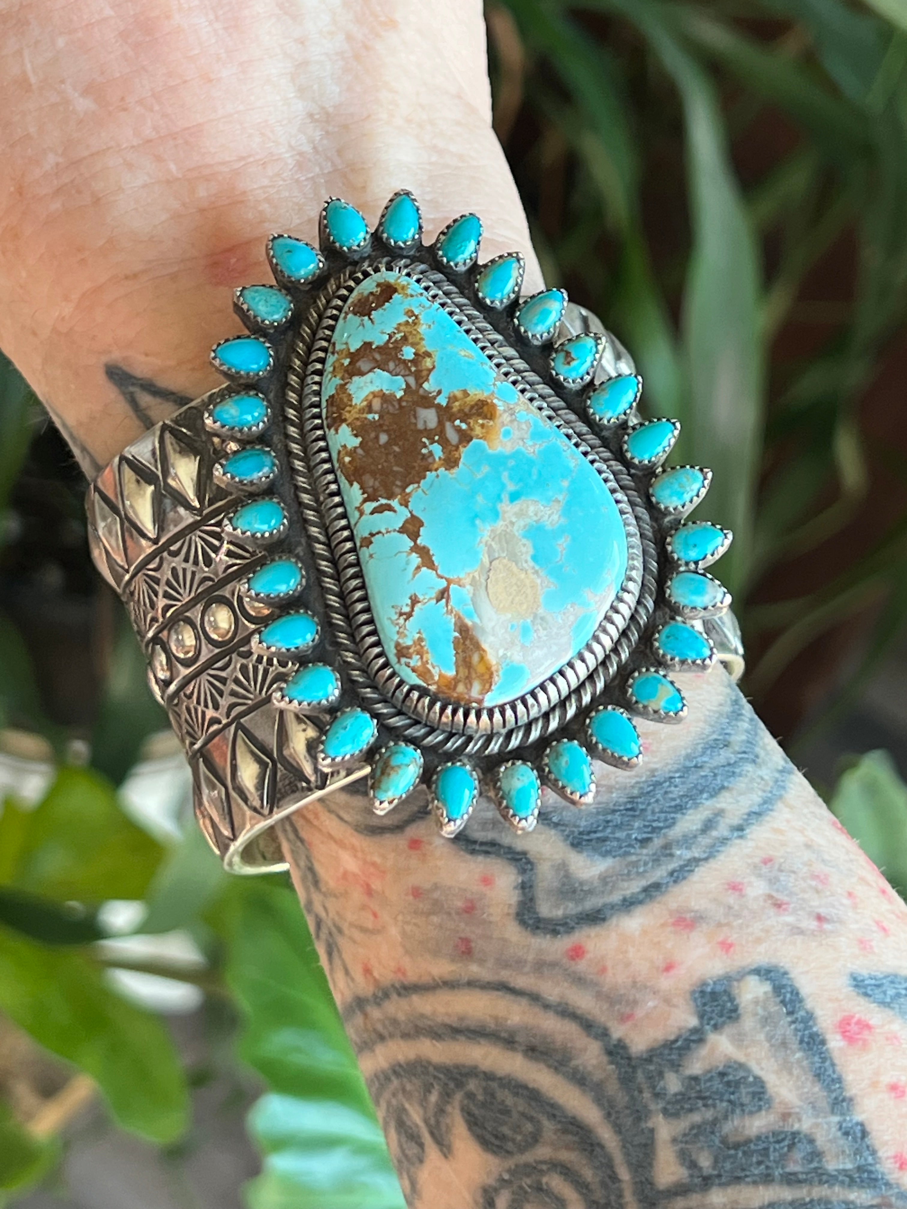 Sterling Silver & Royston Turquoise Cluster Cuff Bracelet by Glenn Livingston
