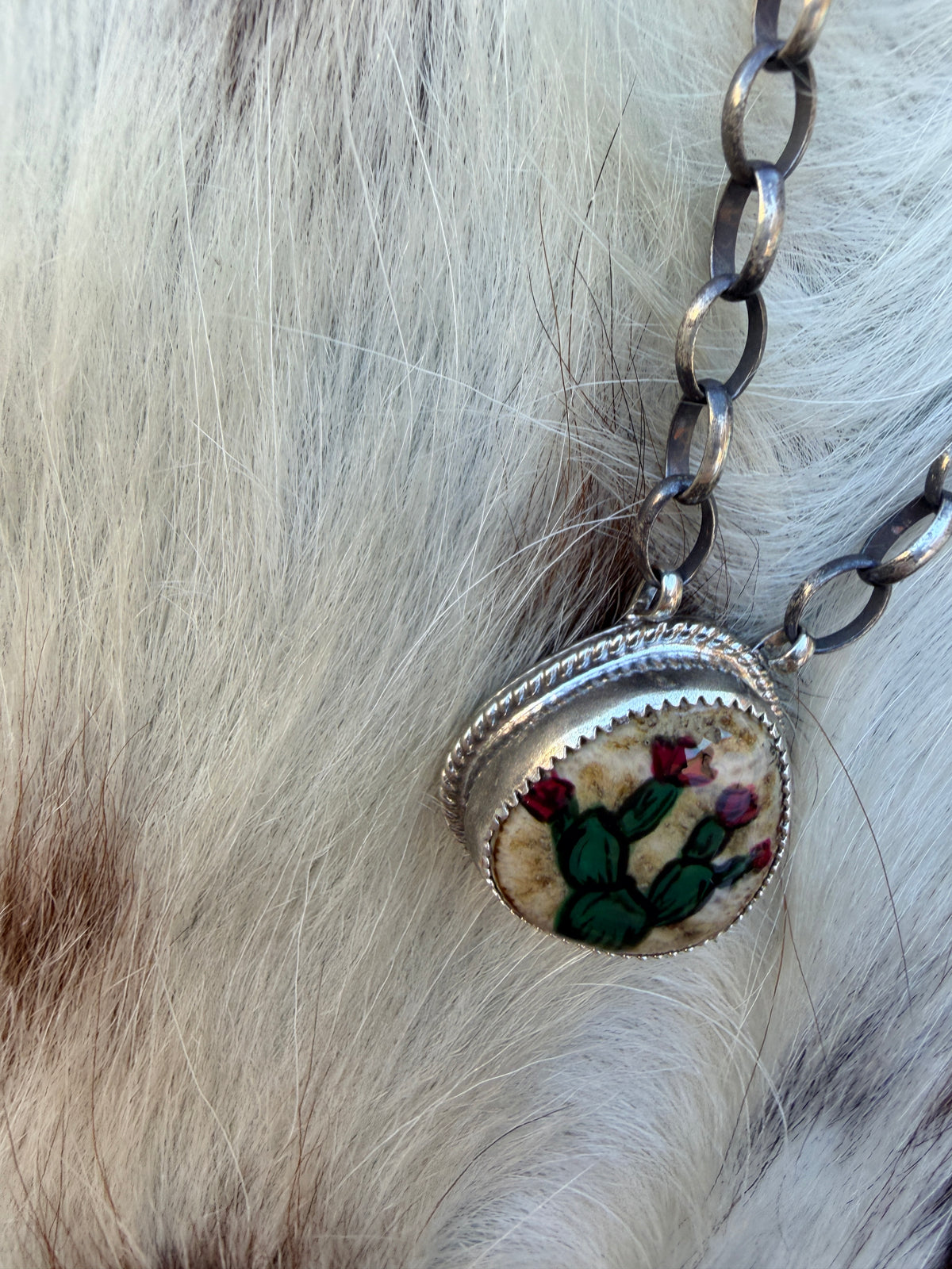 Handmade Sterling Silver & Jasper Painted Cactus Necklace