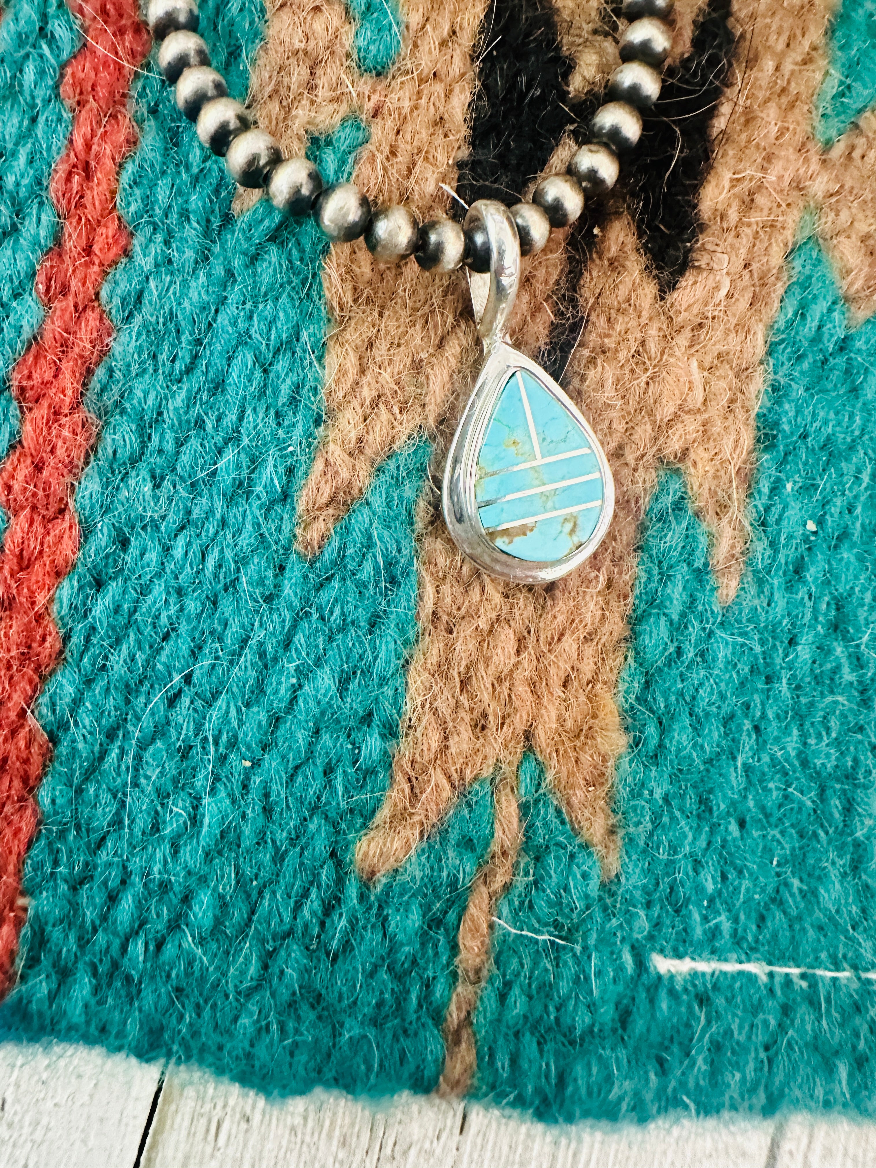 Navajo Turquoise and Sterling Silver Inlay Teardrop Pendant