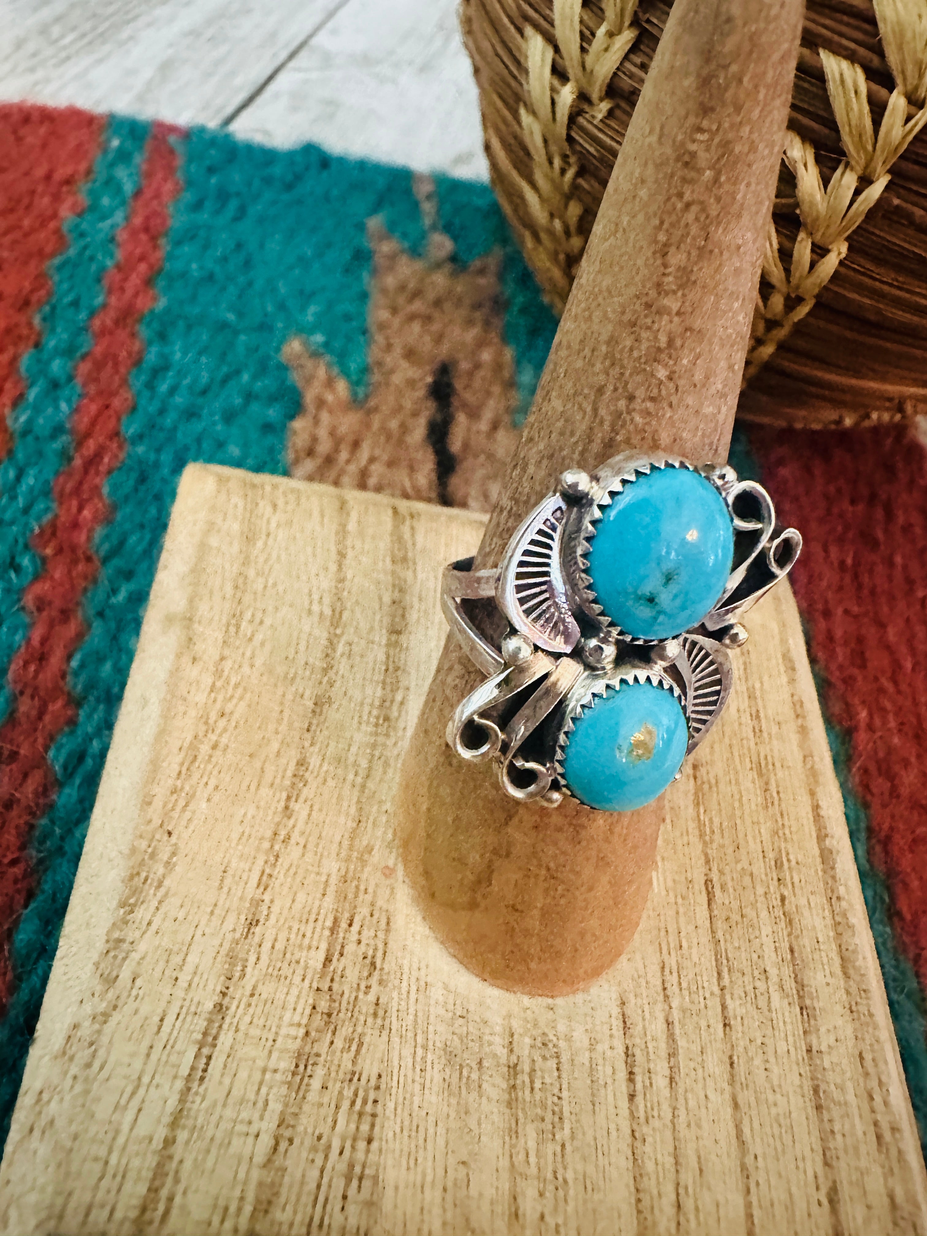 Navajo Turquoise & Sterling Silver Two Stone Ring Size 7.5