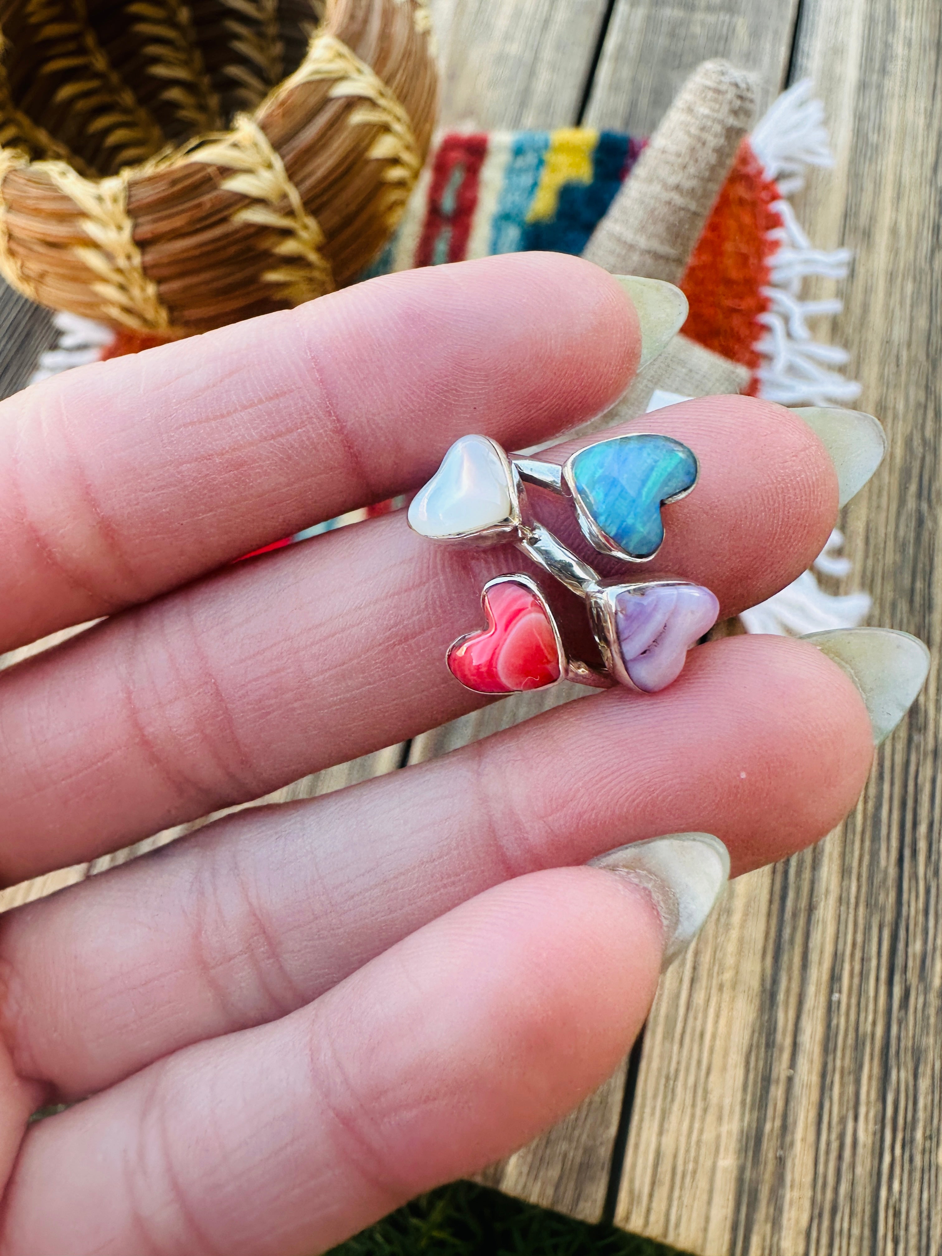 Handcrafted Multi Stone & Heart Ring Size 8