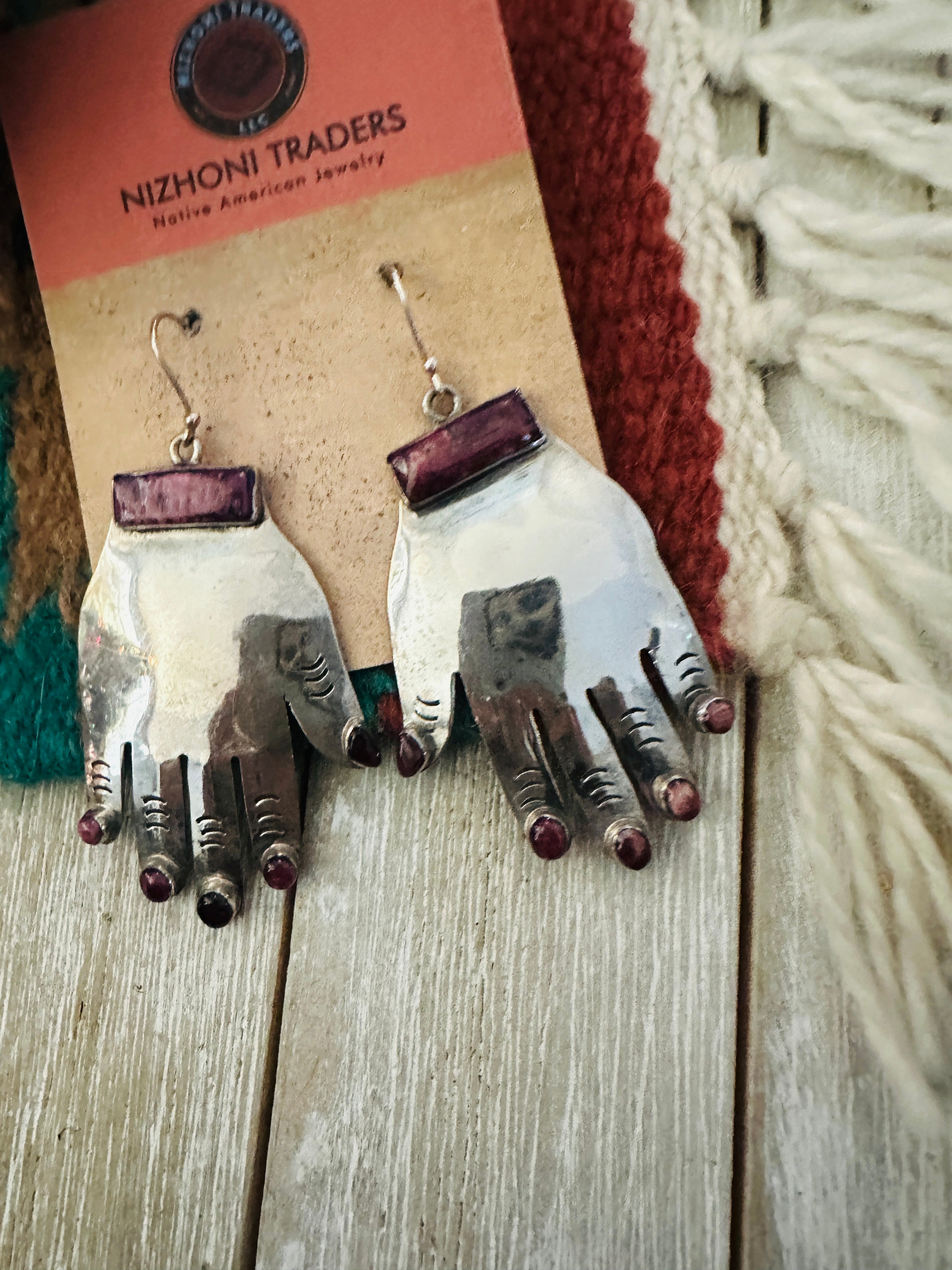 Handcrafted Purple Spiny & Sterling Silver Hand Dangle Earrings by Federico Jimenez