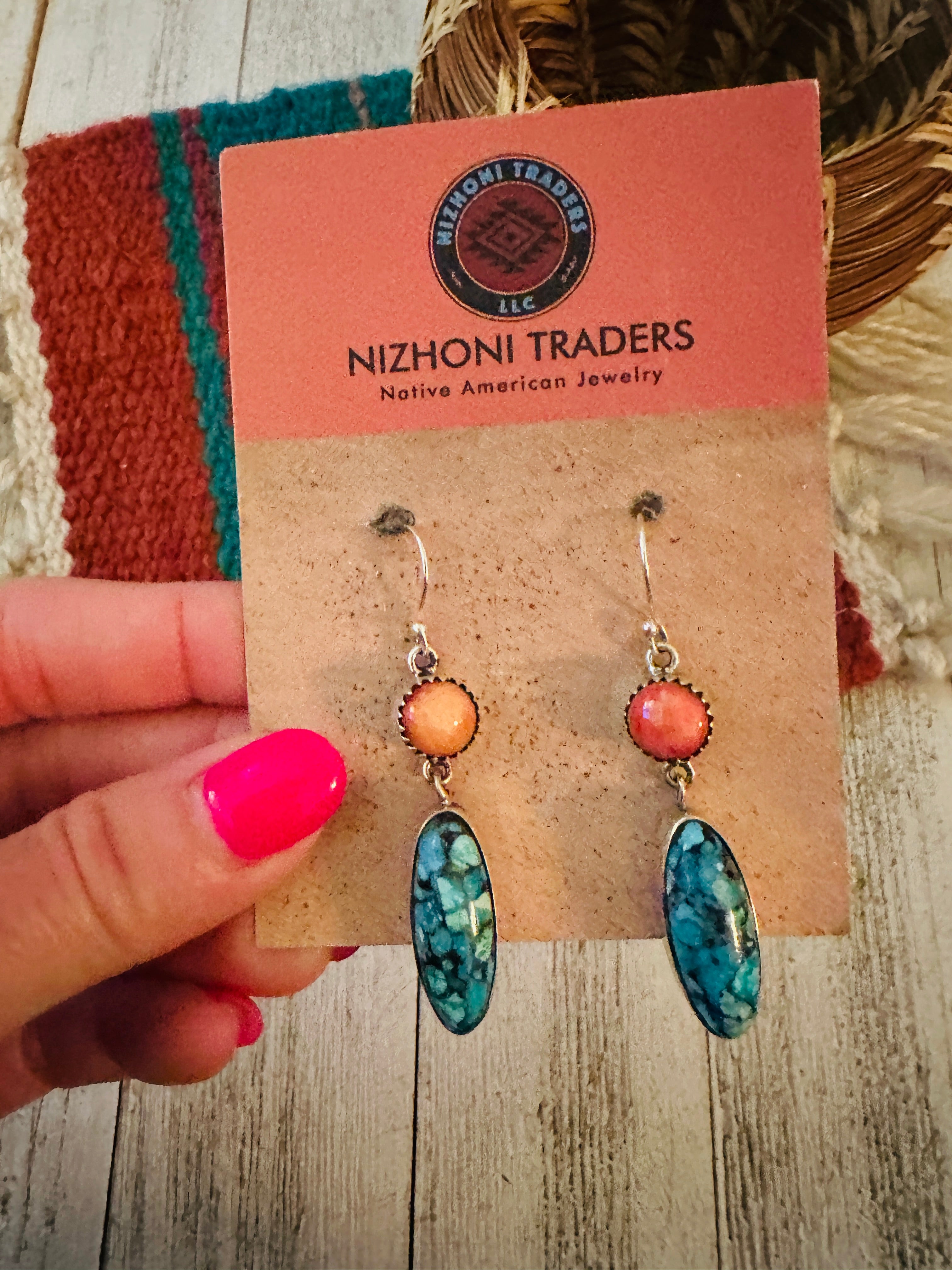 Navajo Turquoise, Spiny and Sterling Silver Dangle Earrings