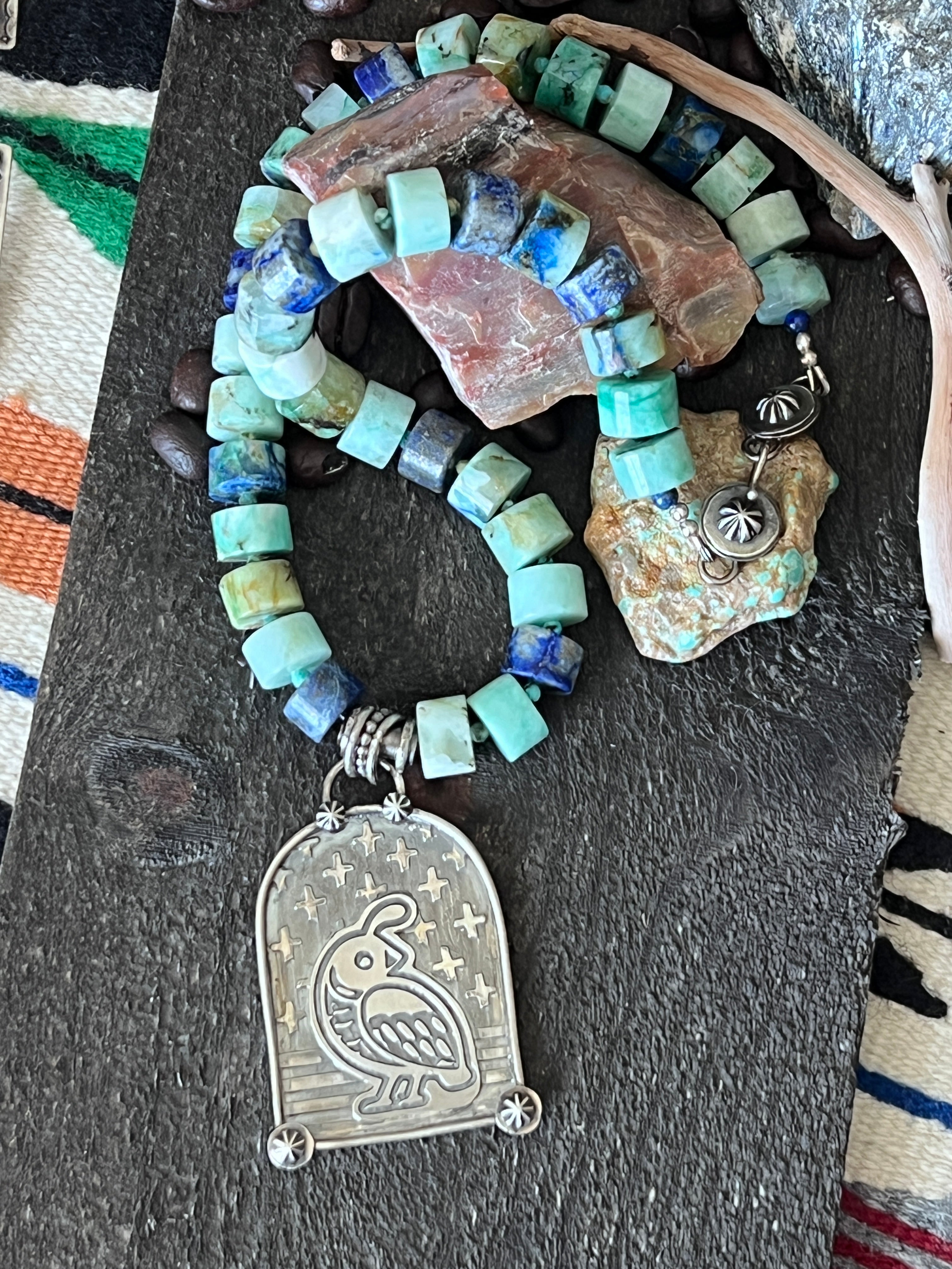 Tularosa Sterling Silver & Chrysocolla Beaded Quail Retablo Necklace
