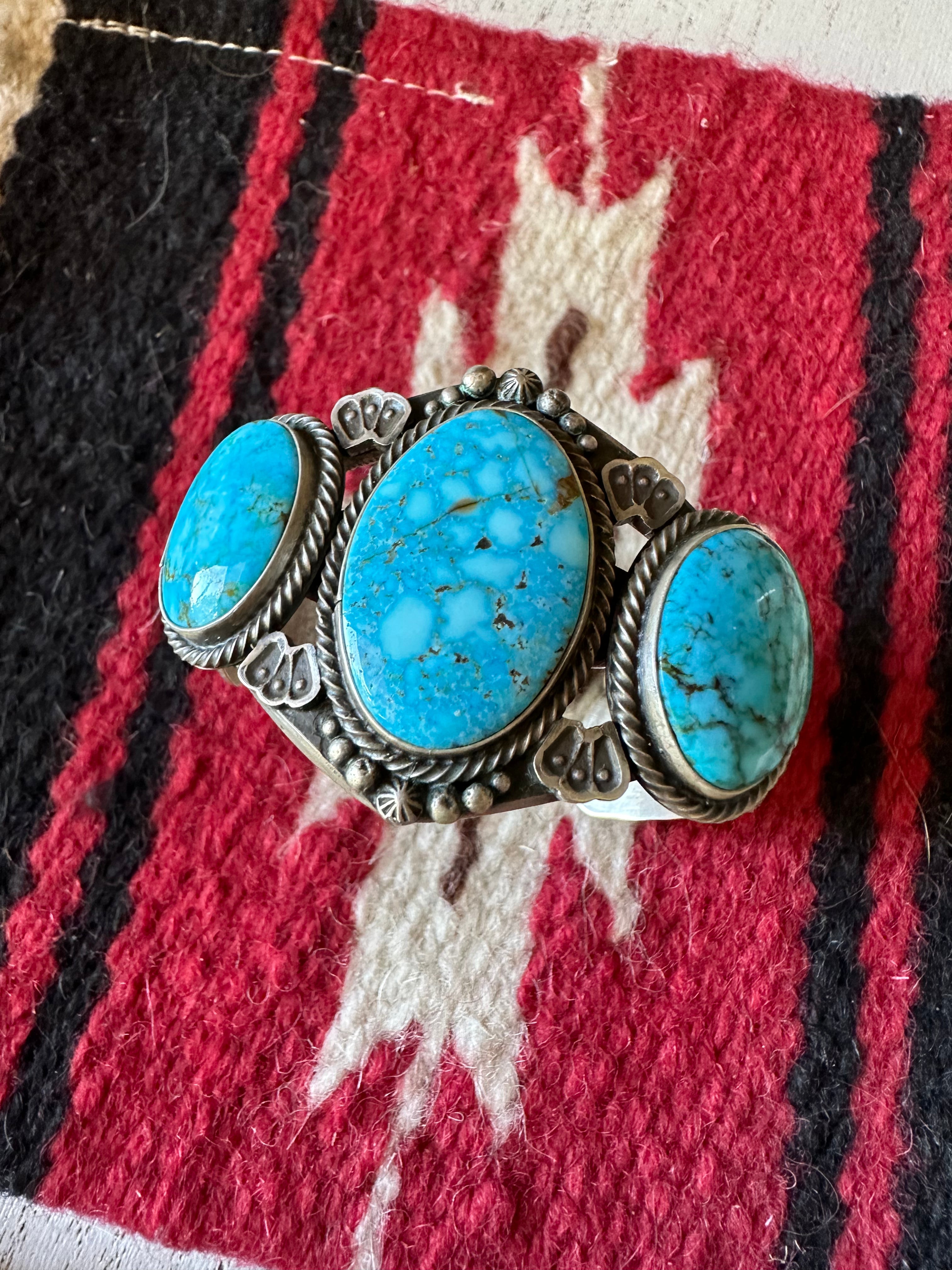 Navajo Kingman Turquoise & Sterling Silver 3 Stone Cuff Bracelet Signed S.Tso