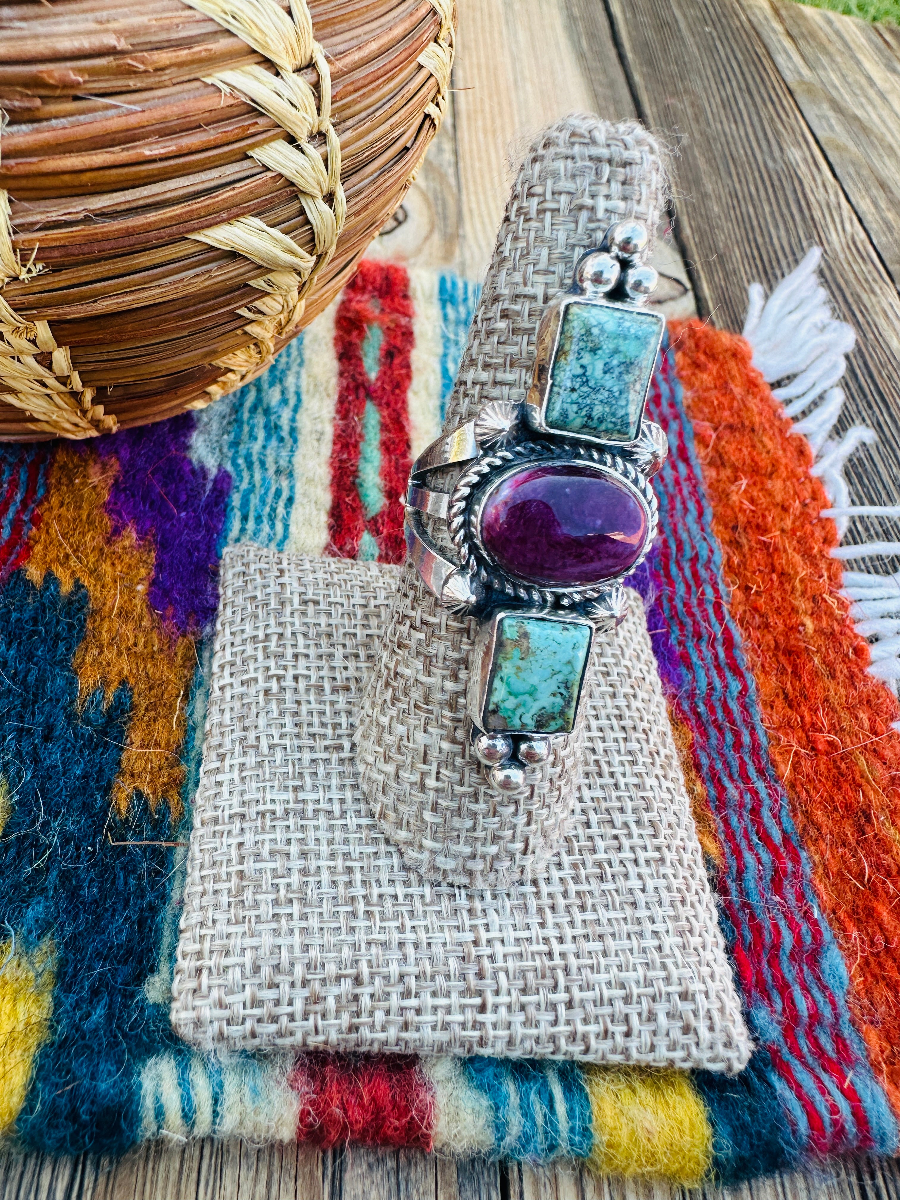 Handcrafted Turquoise, Spiny Oyster & Sterling Silver Ring 8 by Rosella Paxson