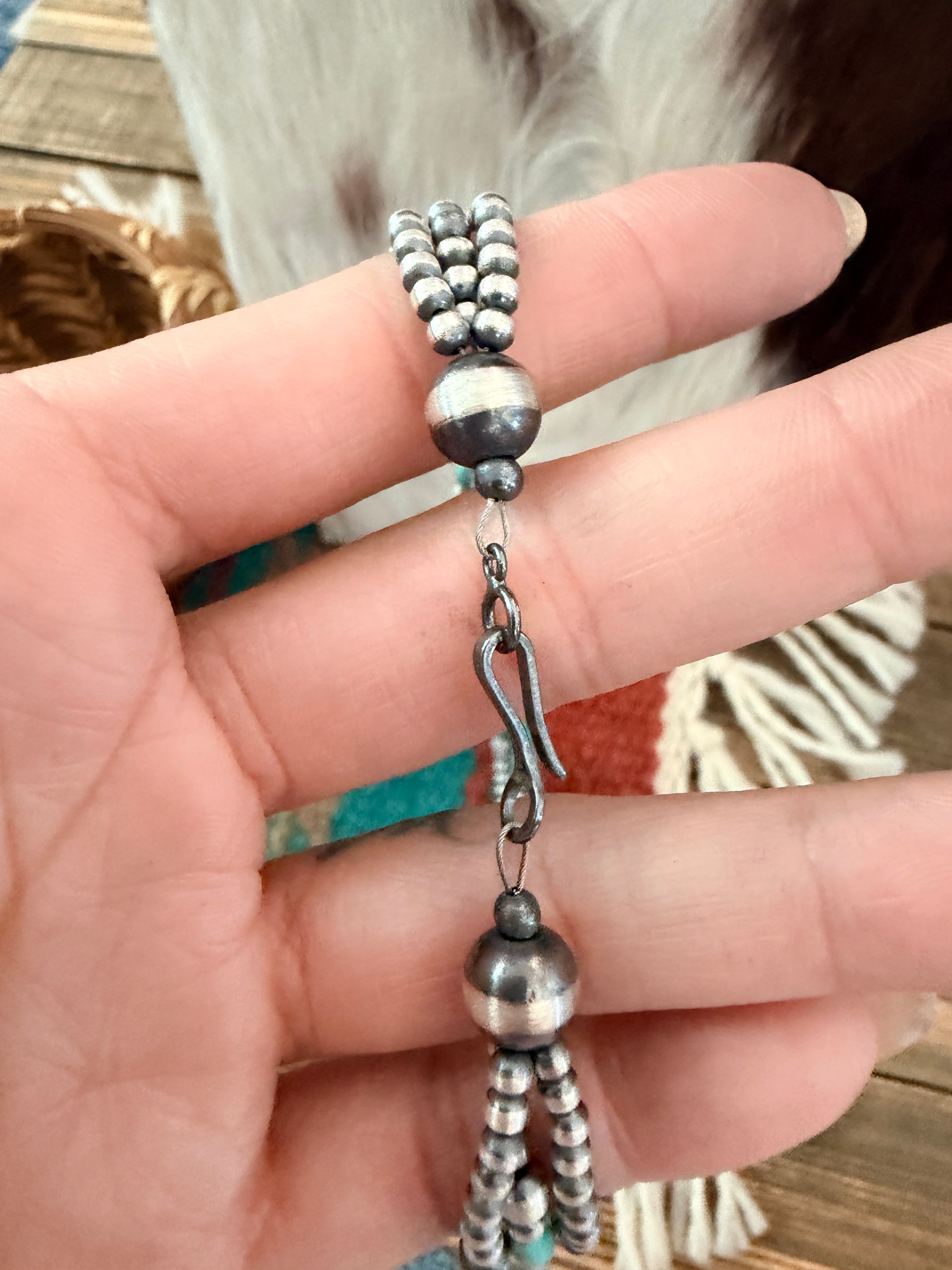 Handcrafted Turquoise & Sterling Silver Pearl Triple-Strand Beaded Necklace