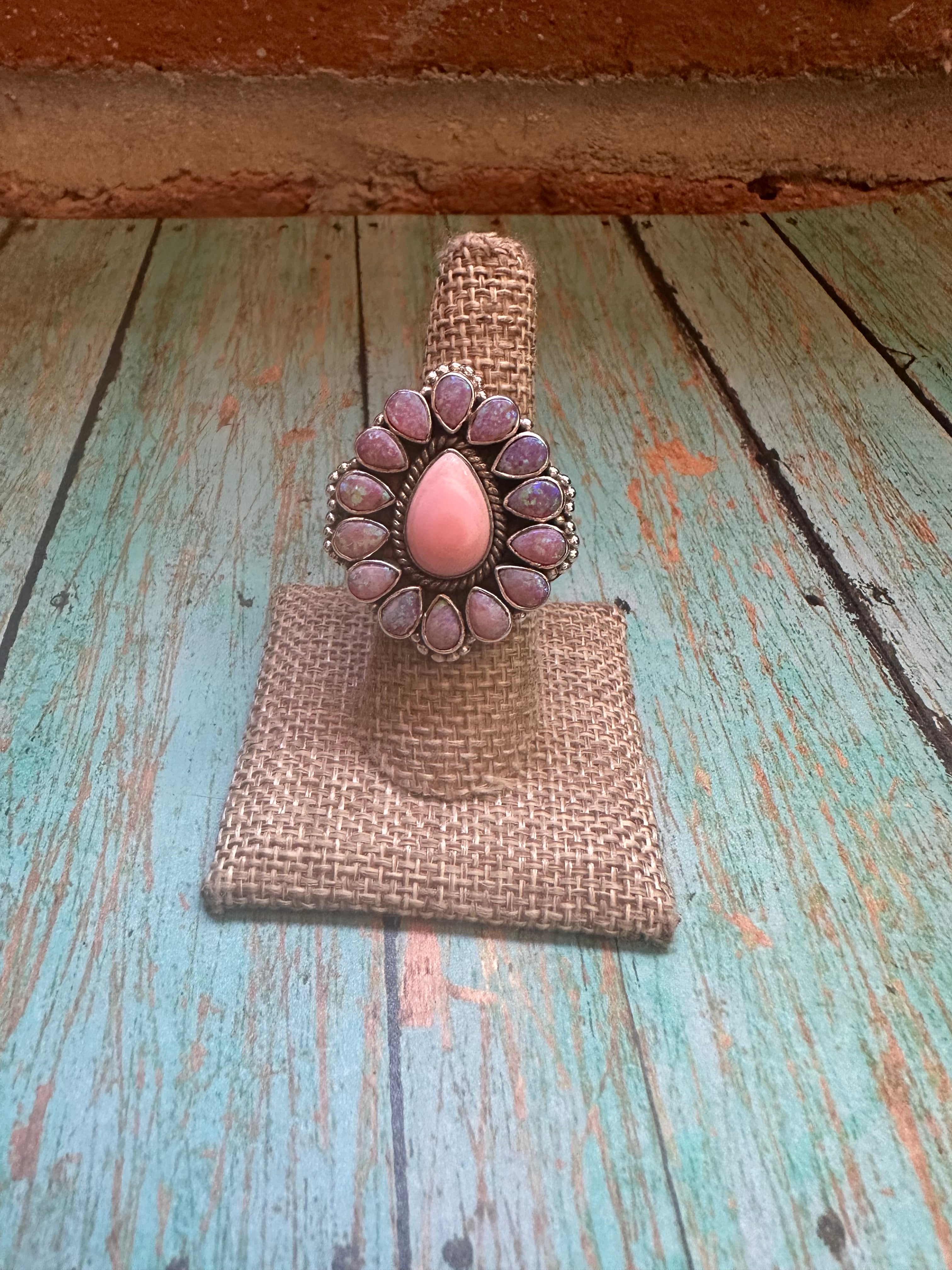 Handmade Adjustable Pink Conch, Purple Fire Opal & Sterling Silver Ring- Tear Drop