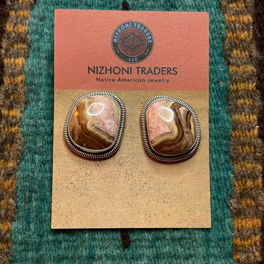 Navajo Sterling Silver & Rhodochrosite Stone Post Earrings