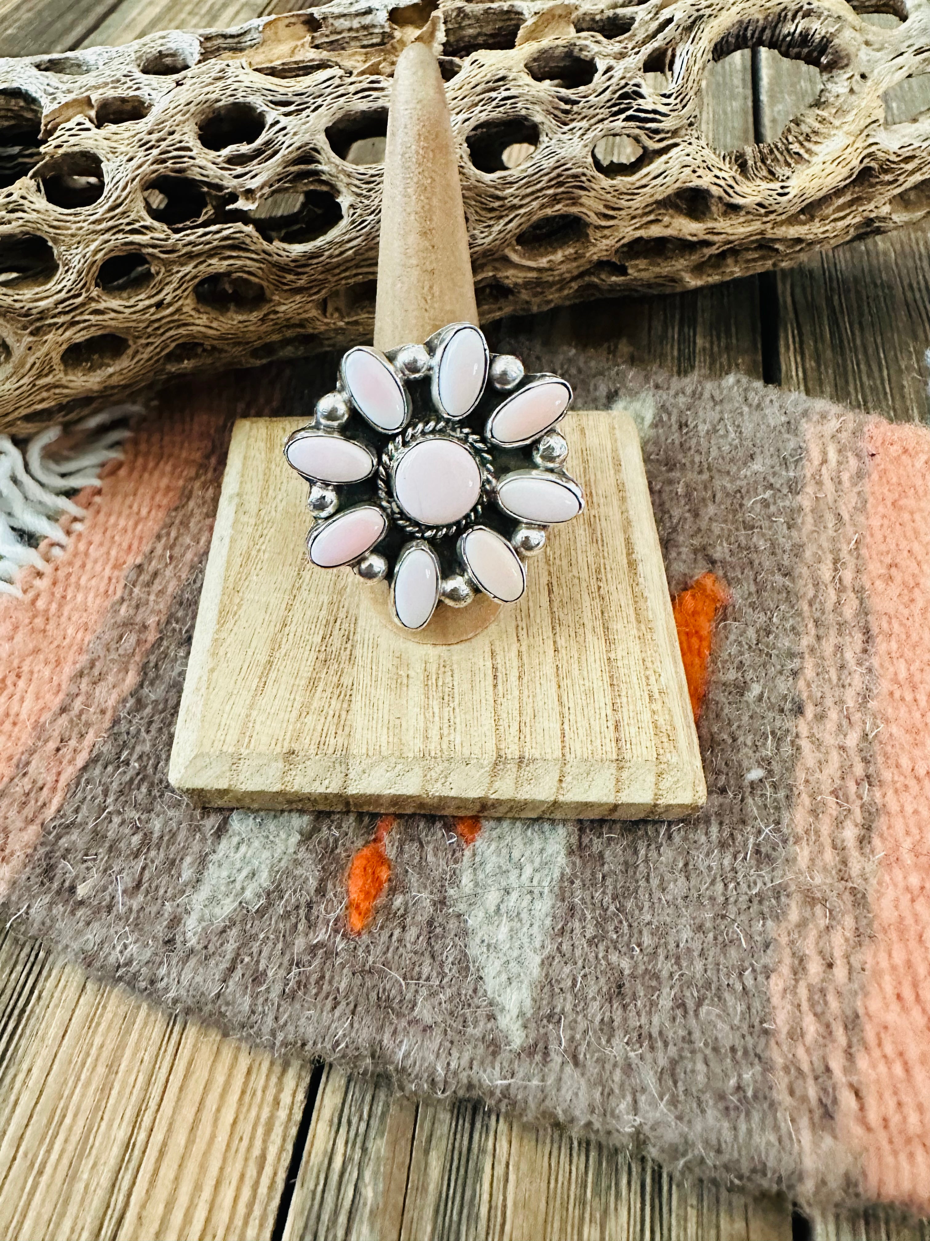 Navajo Sterling Silver and Queen Pink Conch Shell Adjustable Flower Ring