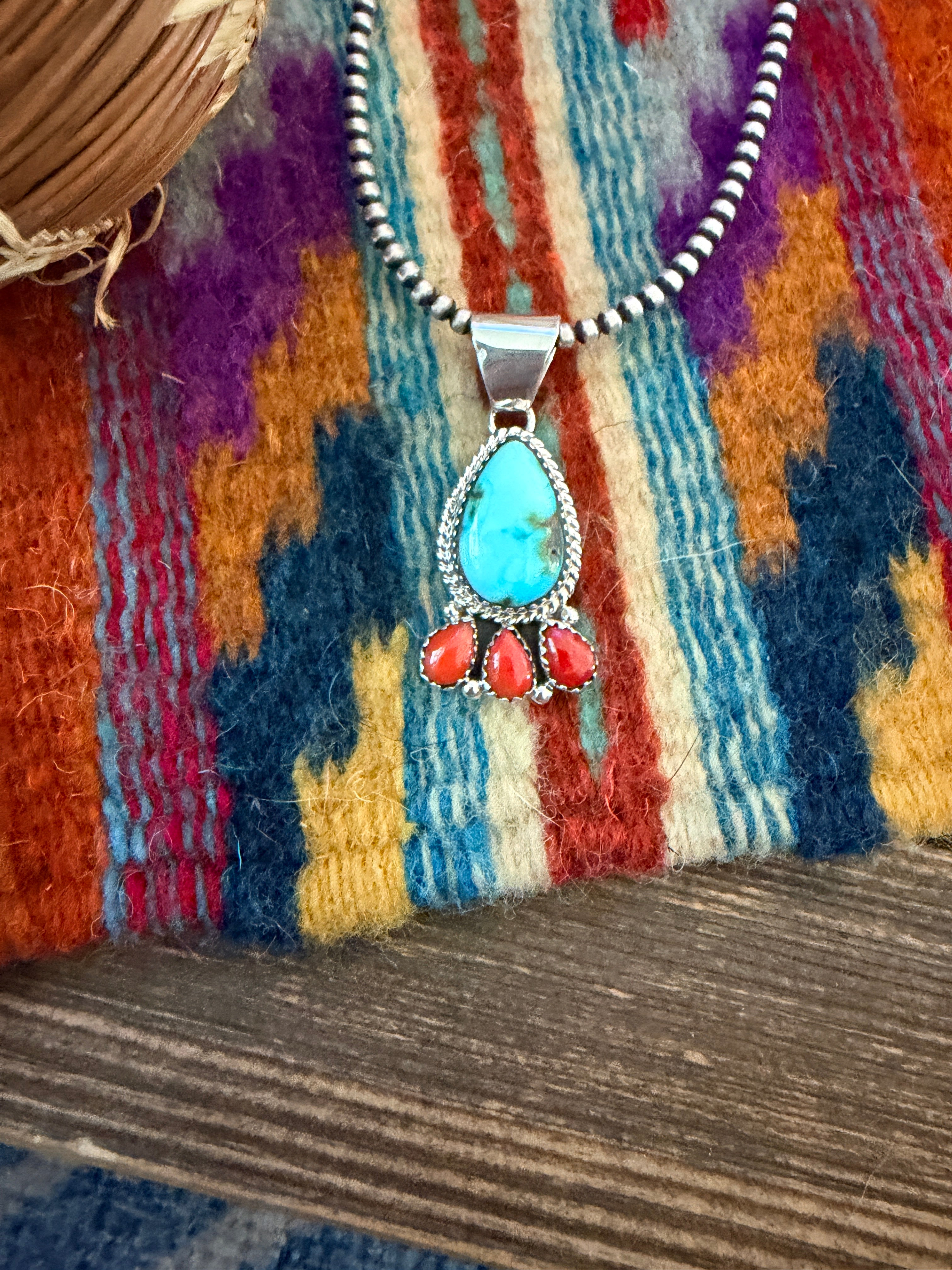 Handcrafted Turquoise, Coral and Sterling Silver Cluster Pendant by Julia Etsitty