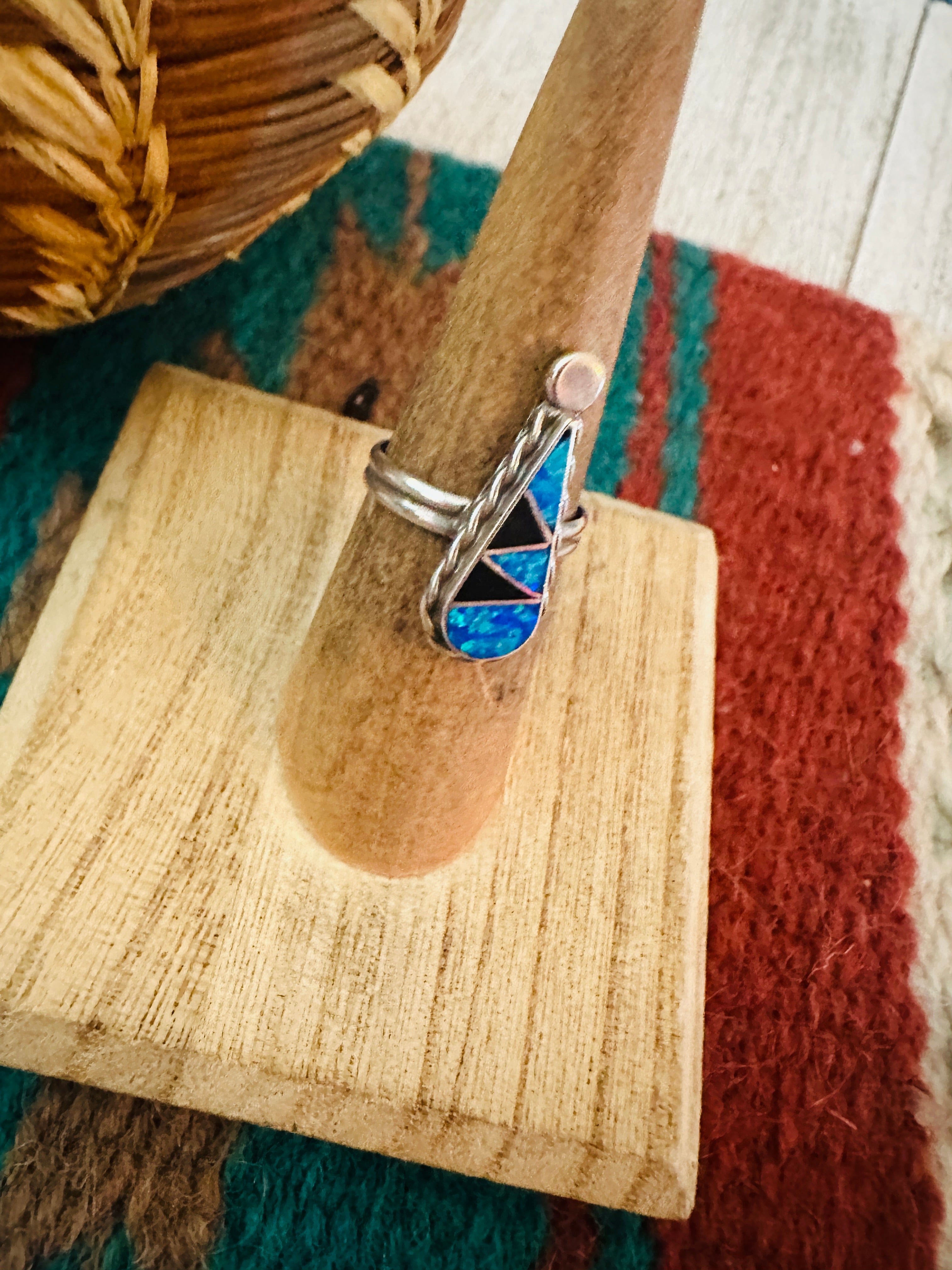 Navajo Sterling Silver, Opal & Onyx Inlay Ring