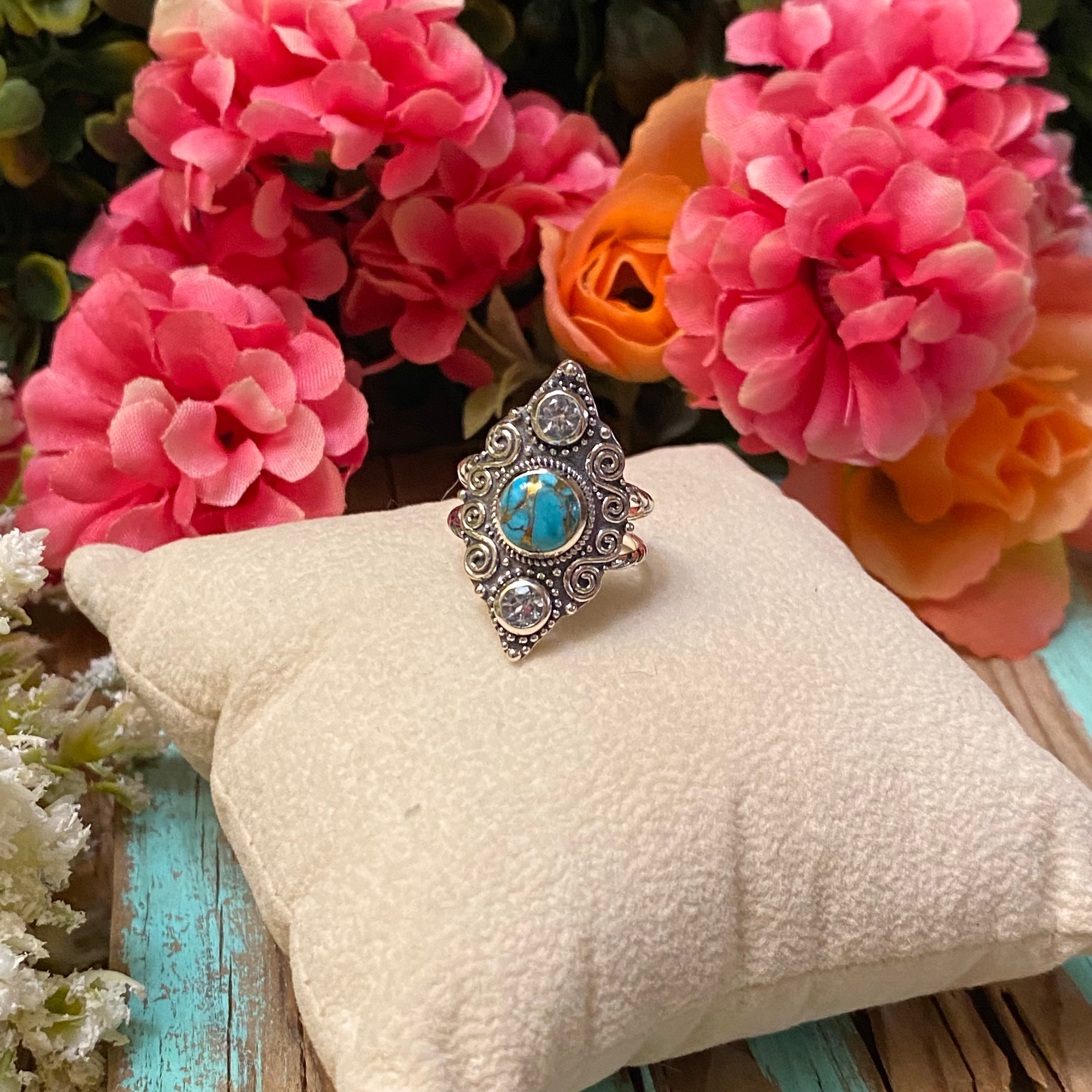 Sterling Silver Etched Copper Turquoise & Blue Topaz Ring Size 6.5