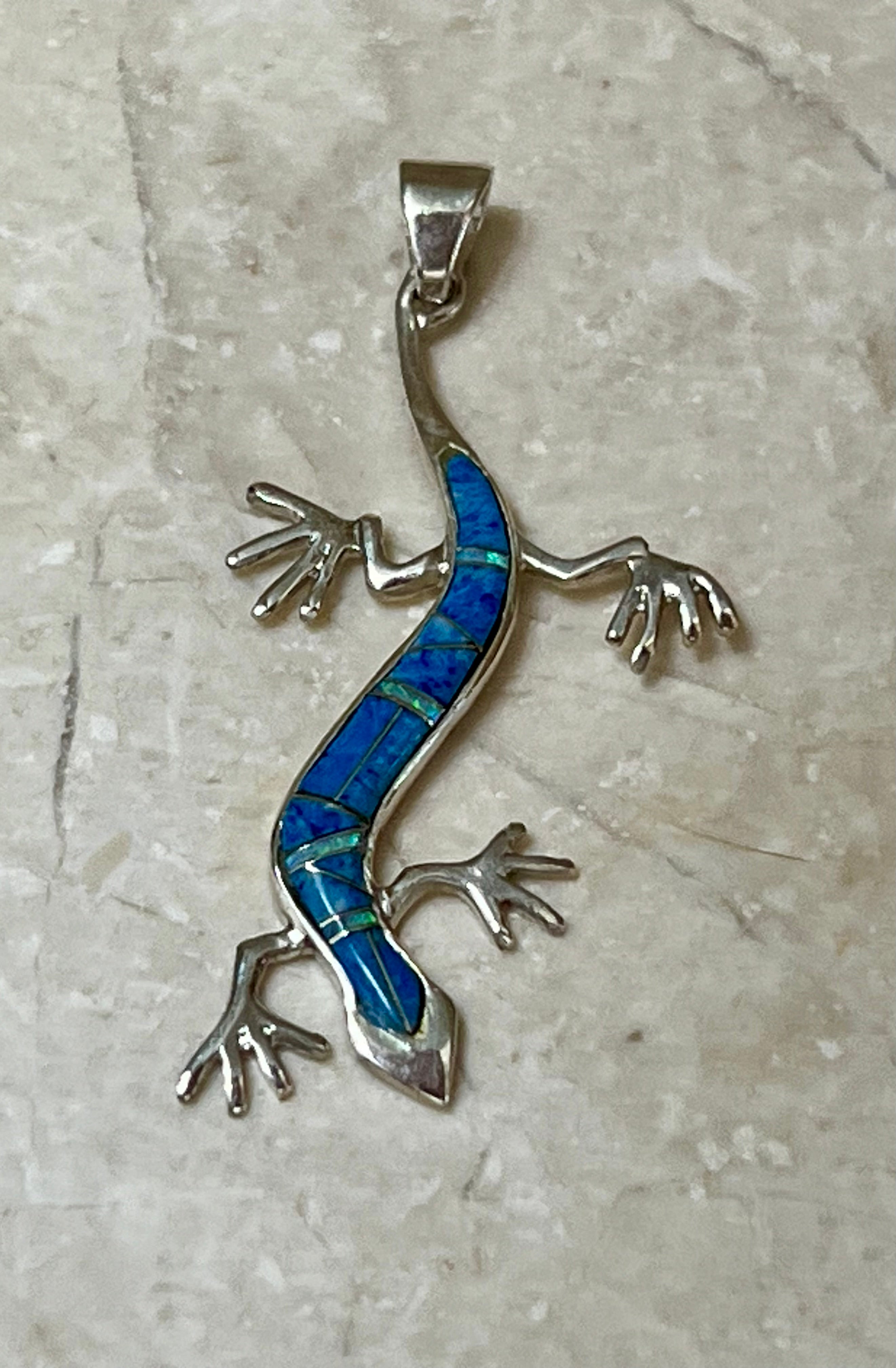Lapis Lizard 925 Sterling Silver Pendant USA Handmade with Opal Accent