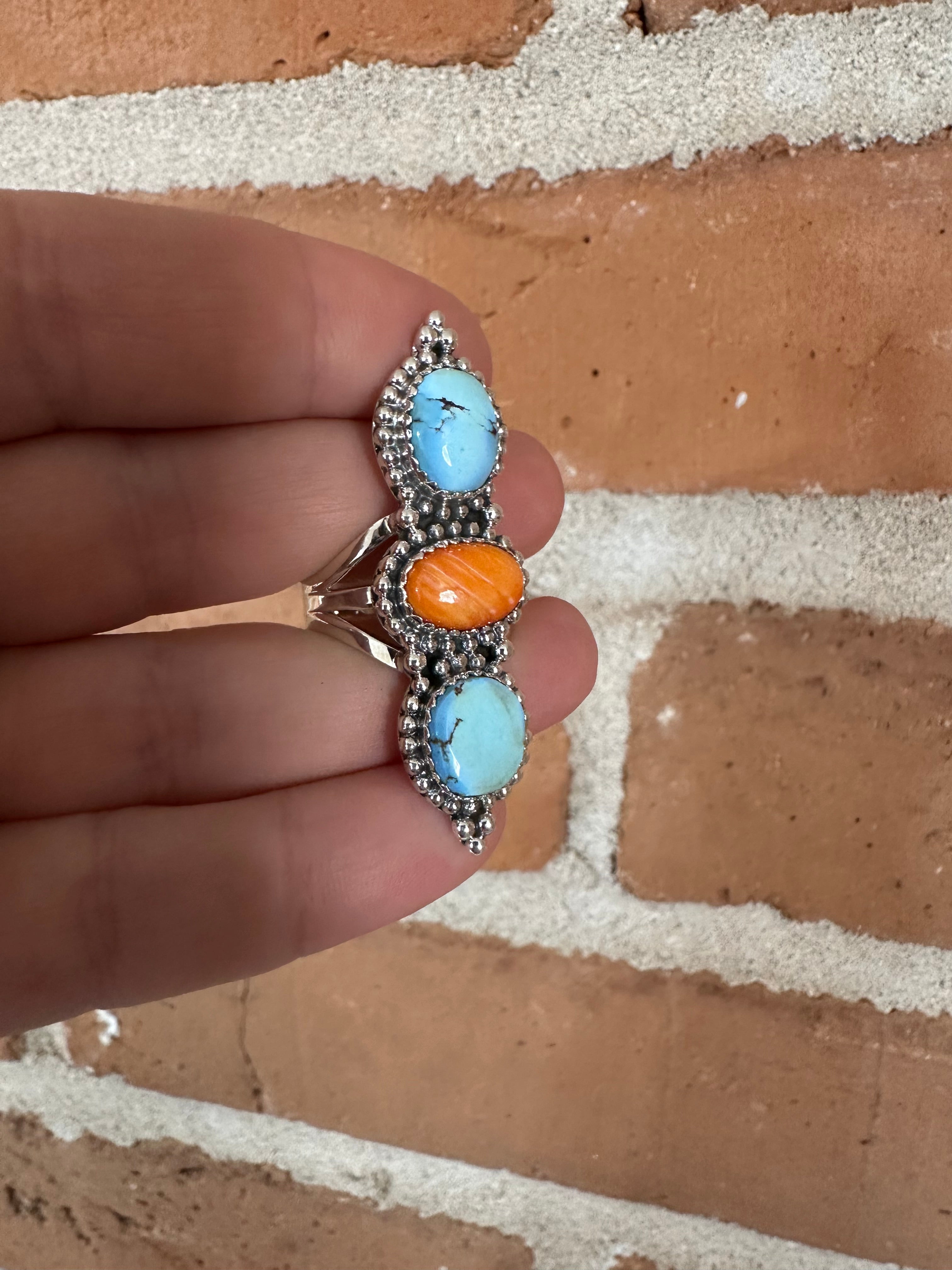 Nizhoni Handmade Golden Hills Turquoise, Orange Spiny & Sterling Silver 3 Stone Ring SIZE 9