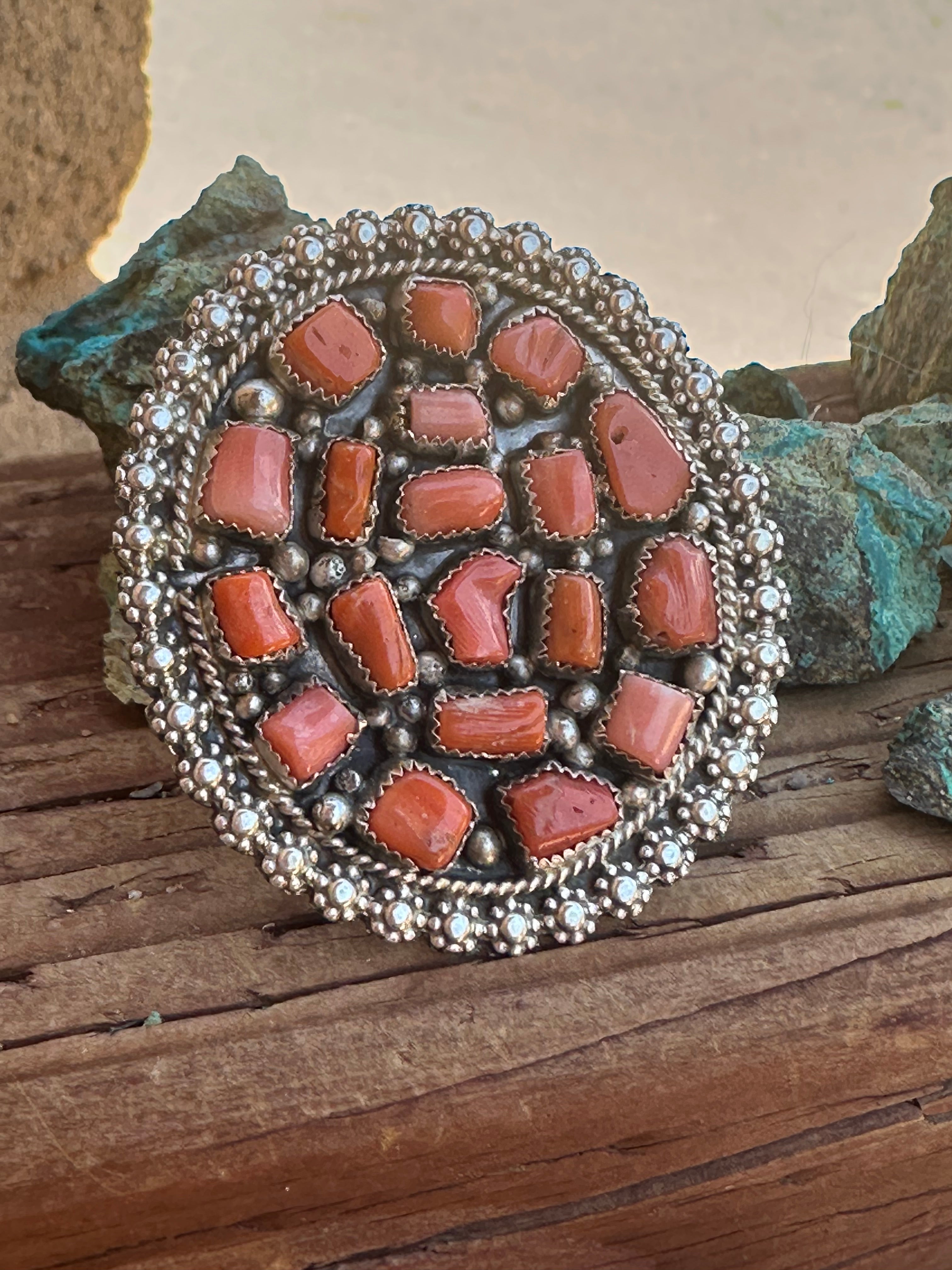 Handcrafted Old Pawn Natural Coral Cluster Ring Adjustable