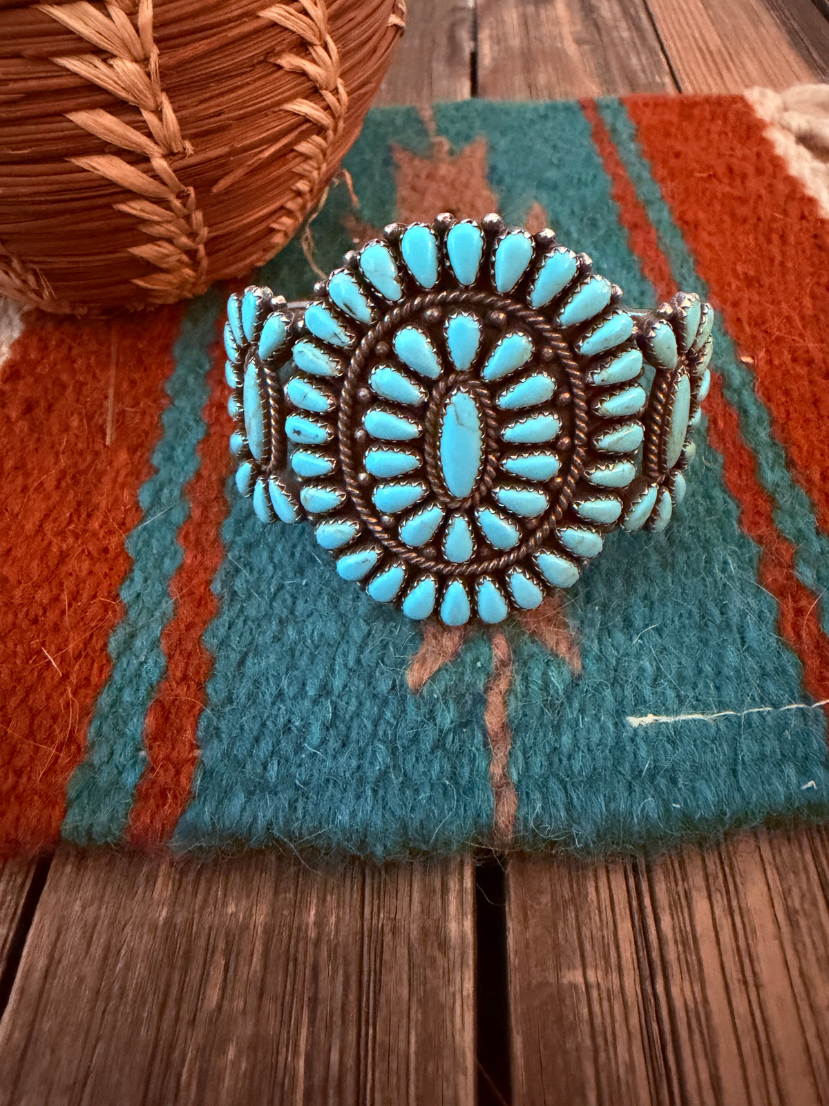 Handcrafted Old Pawn Sterling Silver & Turquoise Cluster Cuff Bracelet