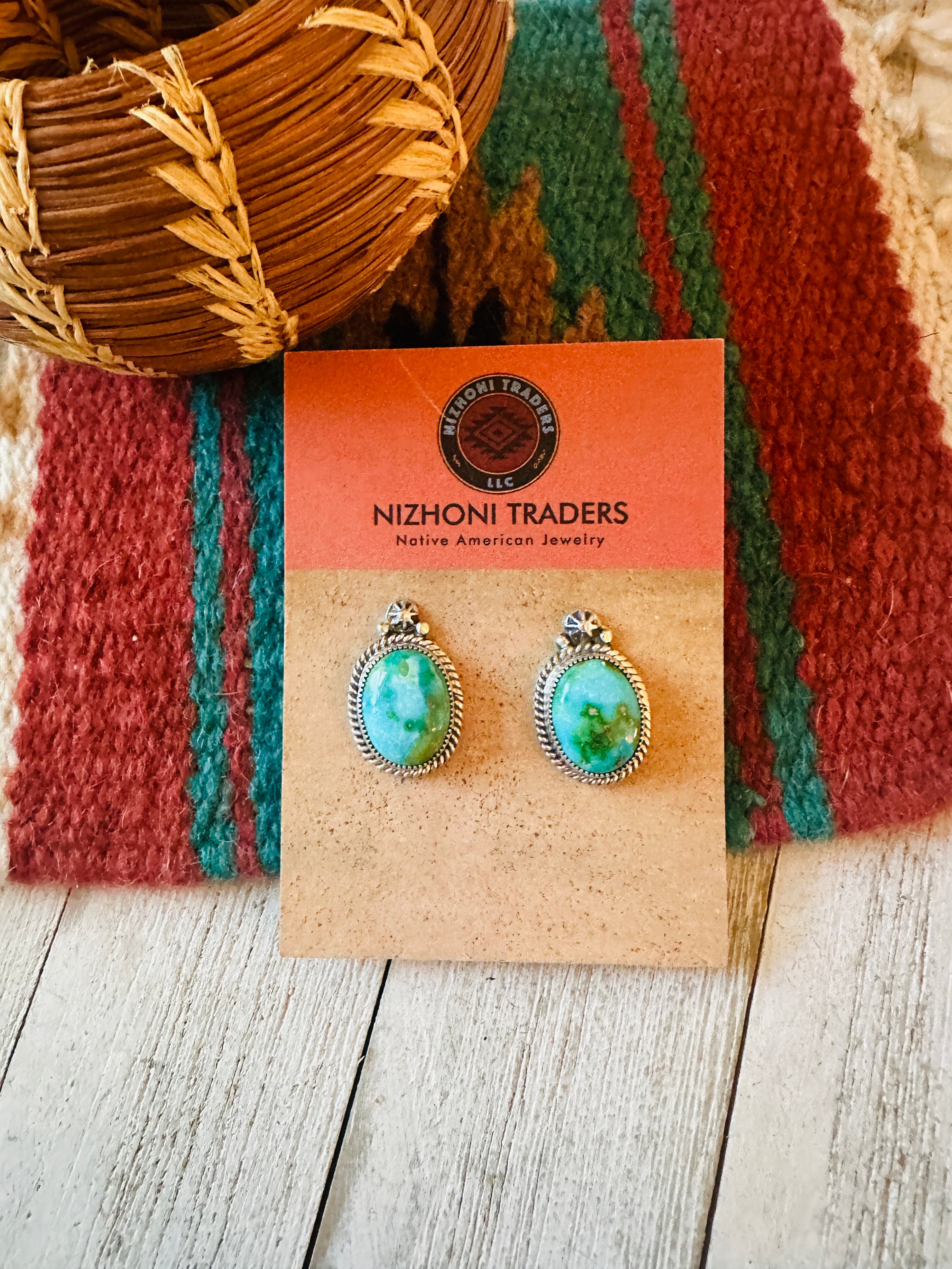 Navajo Sonoran Mountain Turquoise And Sterling Silver Post Earrings