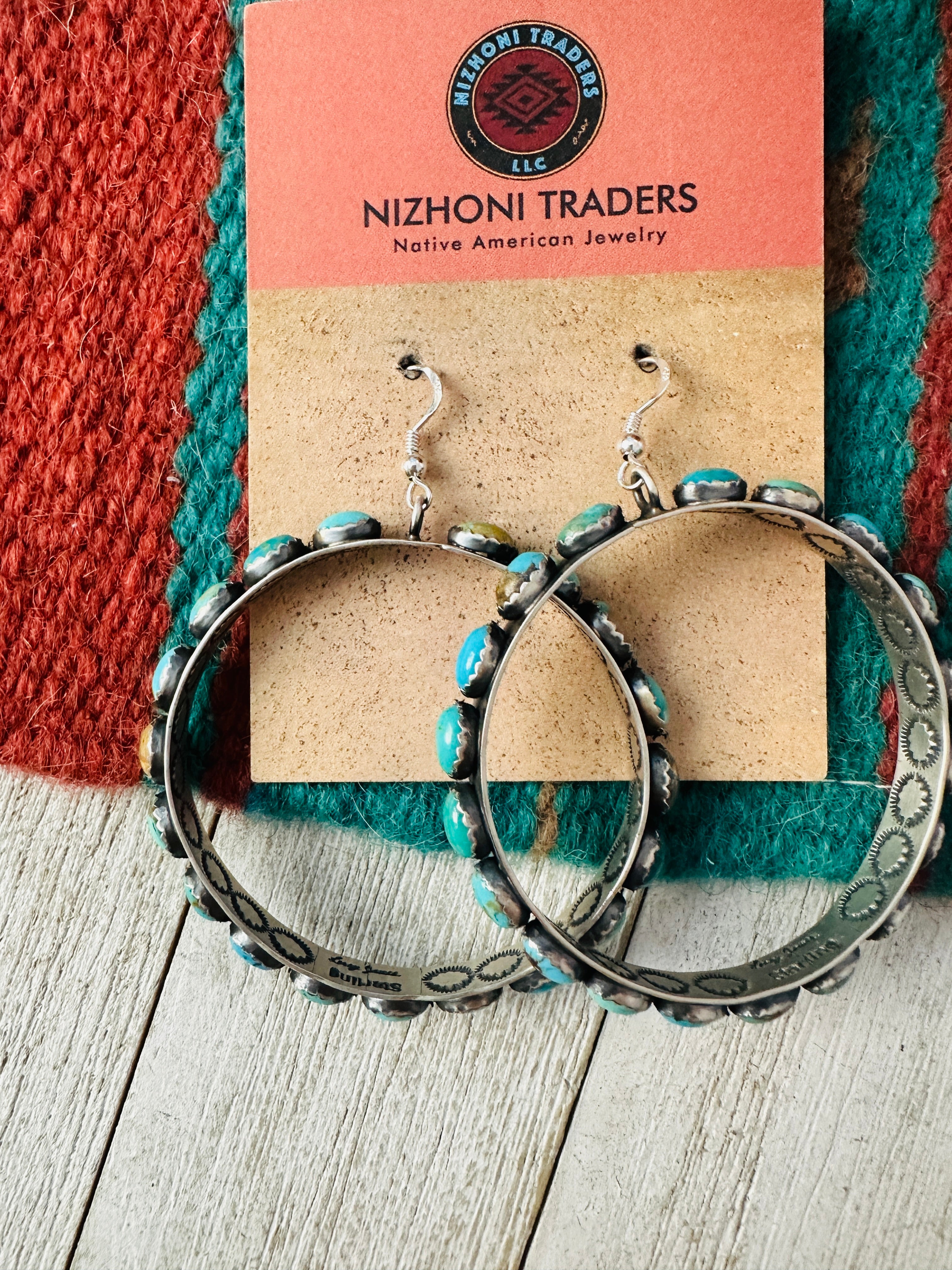 Navajo Turquoise & Sterling Silver Dangle Hoop Earrings by Lerry James