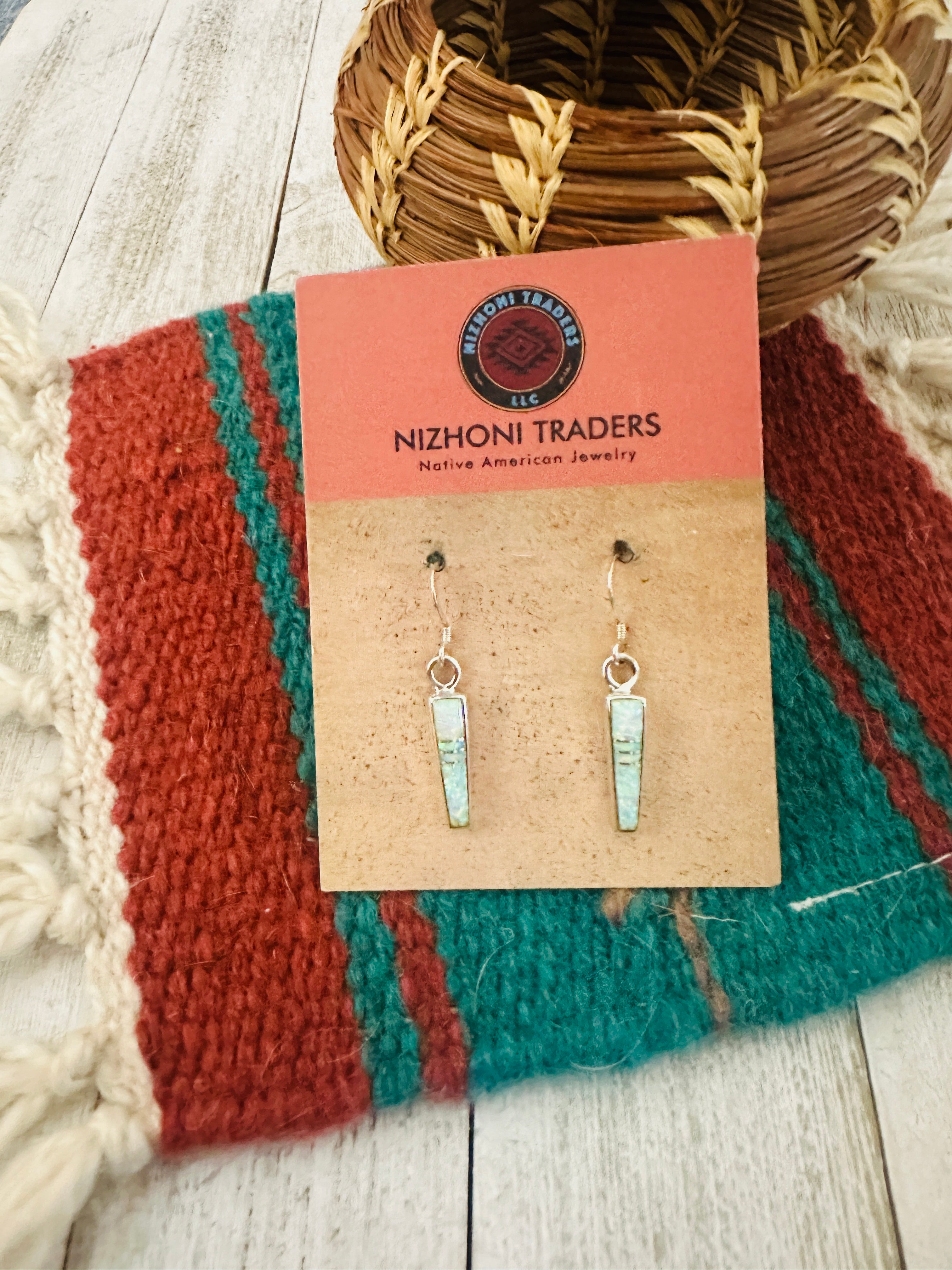 Navajo White Opal & Sterling Silver Inlay Dangle Earrings