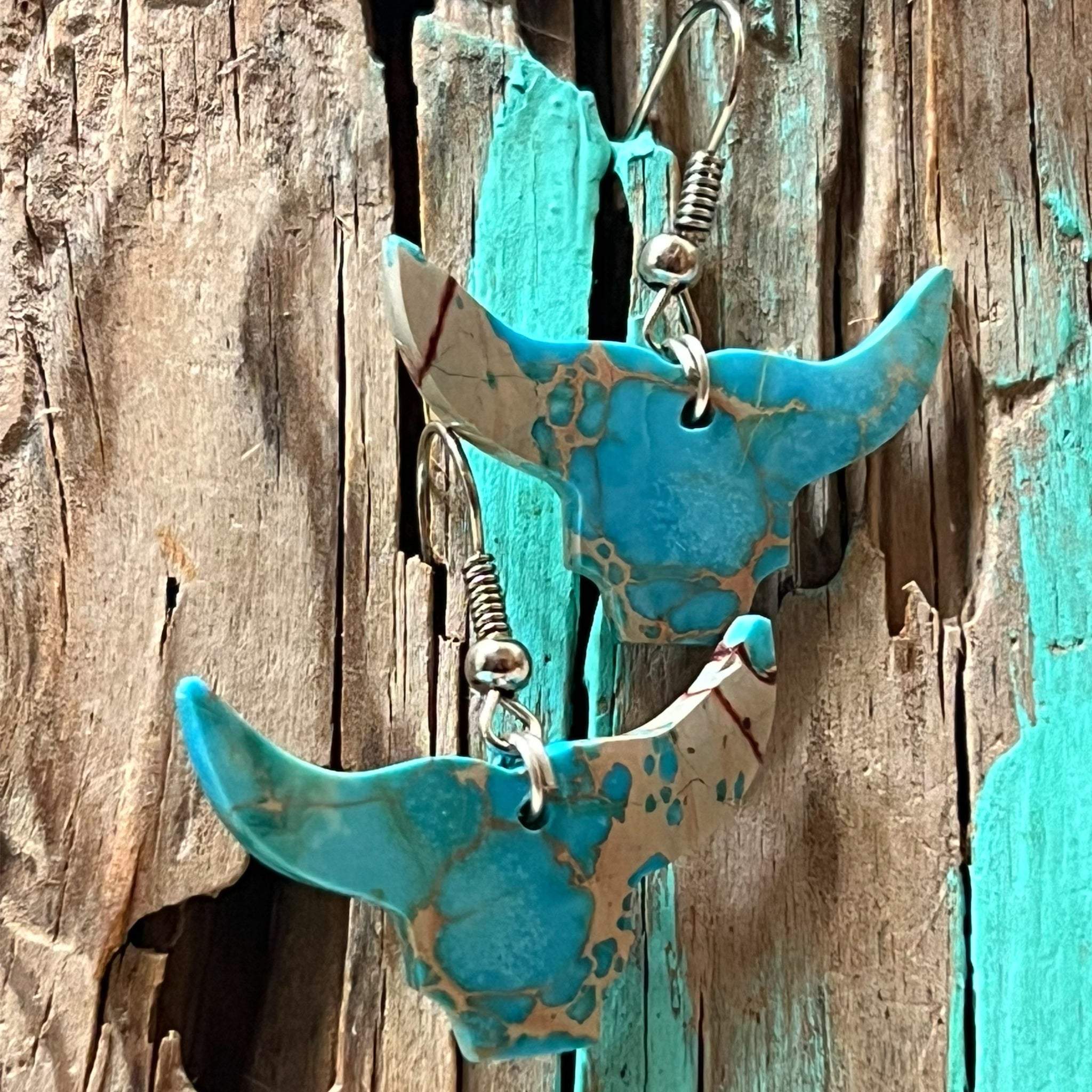 Handcrafted Turquoise Bull Head Sterling Silver Slab Earrings