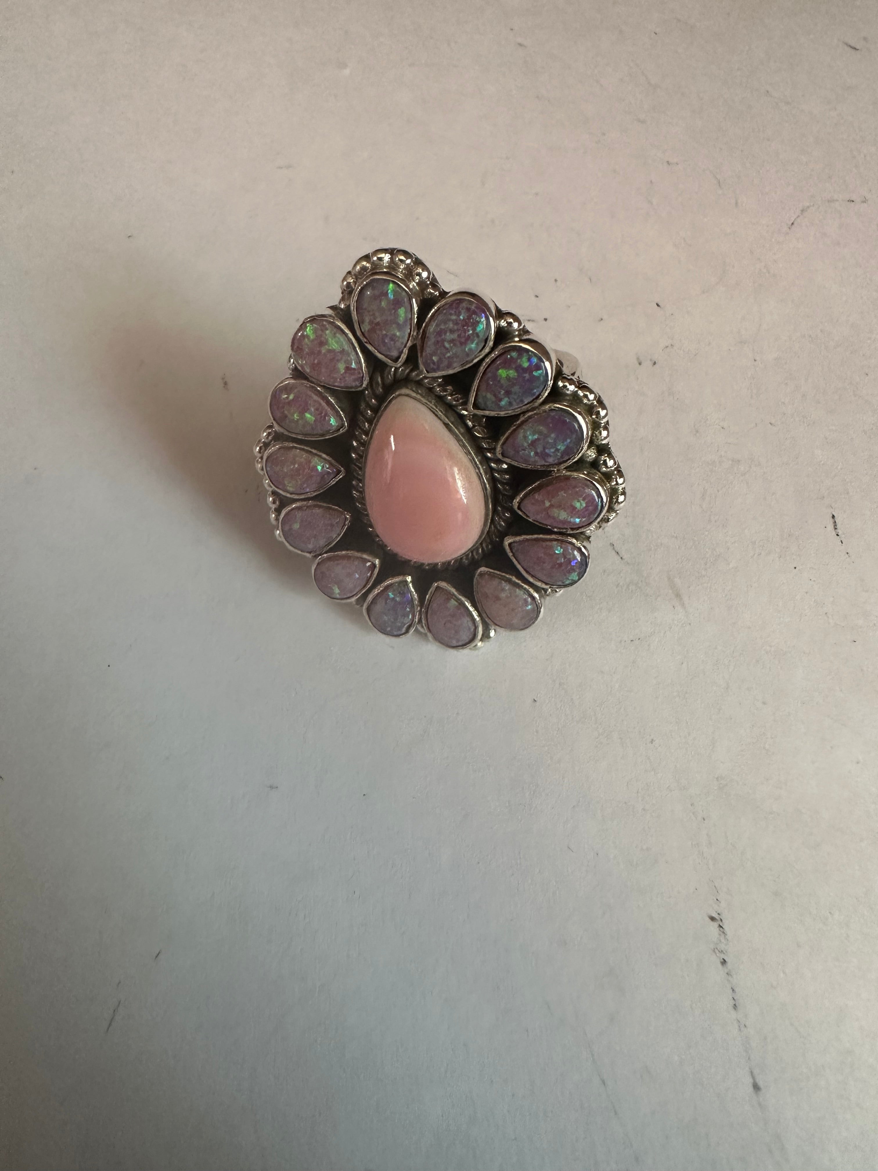 Handmade Adjustable Pink Conch, Purple Fire Opal & Sterling Silver Ring- Tear Drop