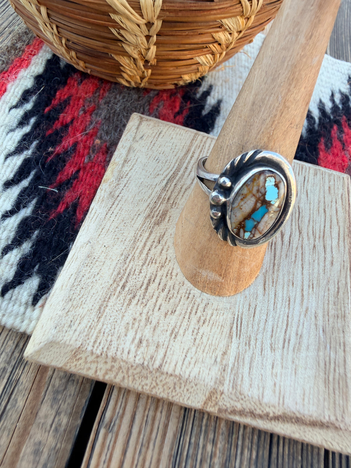Handcrafted Ribbon Turquoise & Sterling Silver Ring Size 7.75