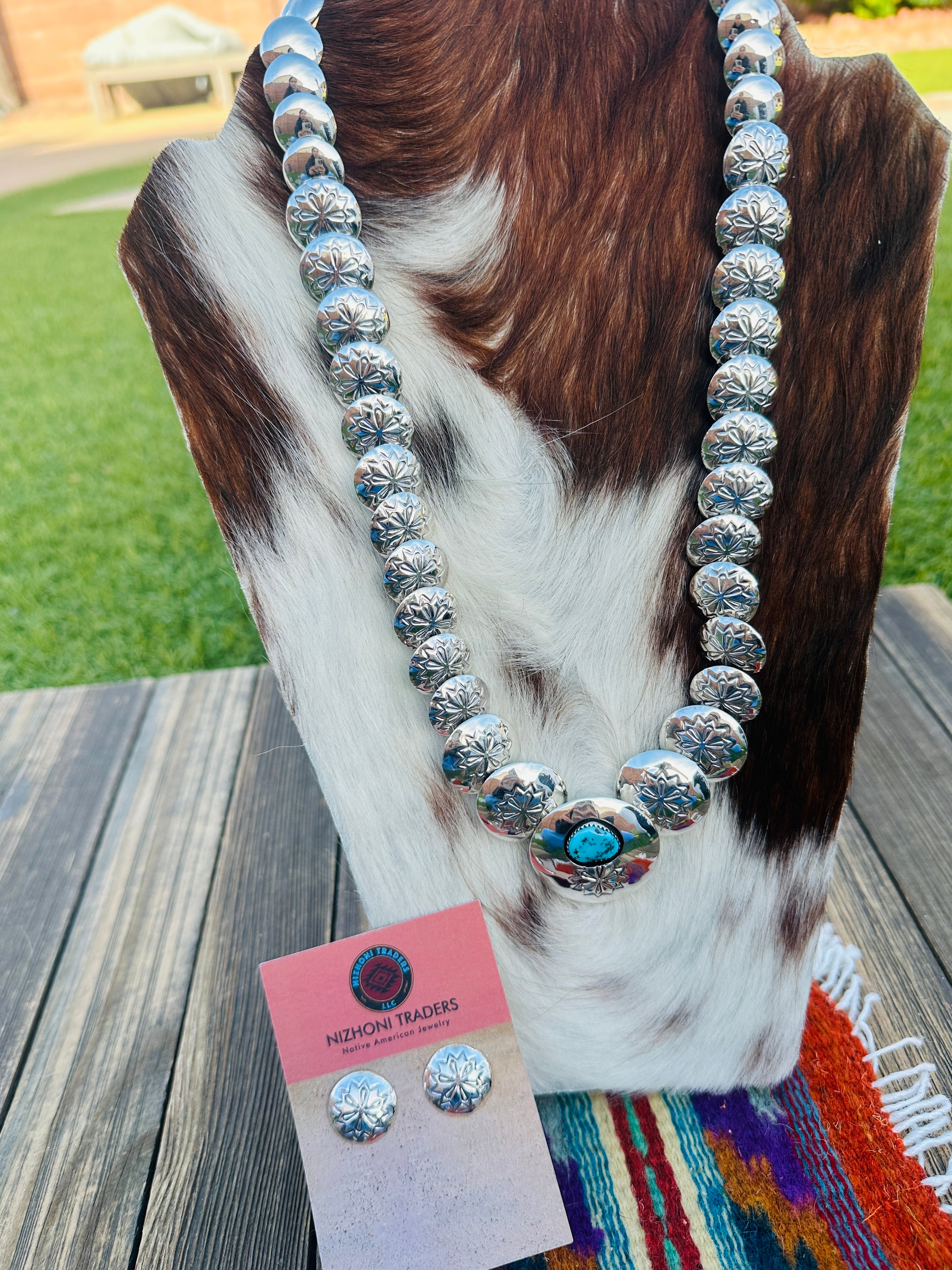 Handcrafted Turquoise & Sterling Silver Pillow Bead Necklace and Earring Set