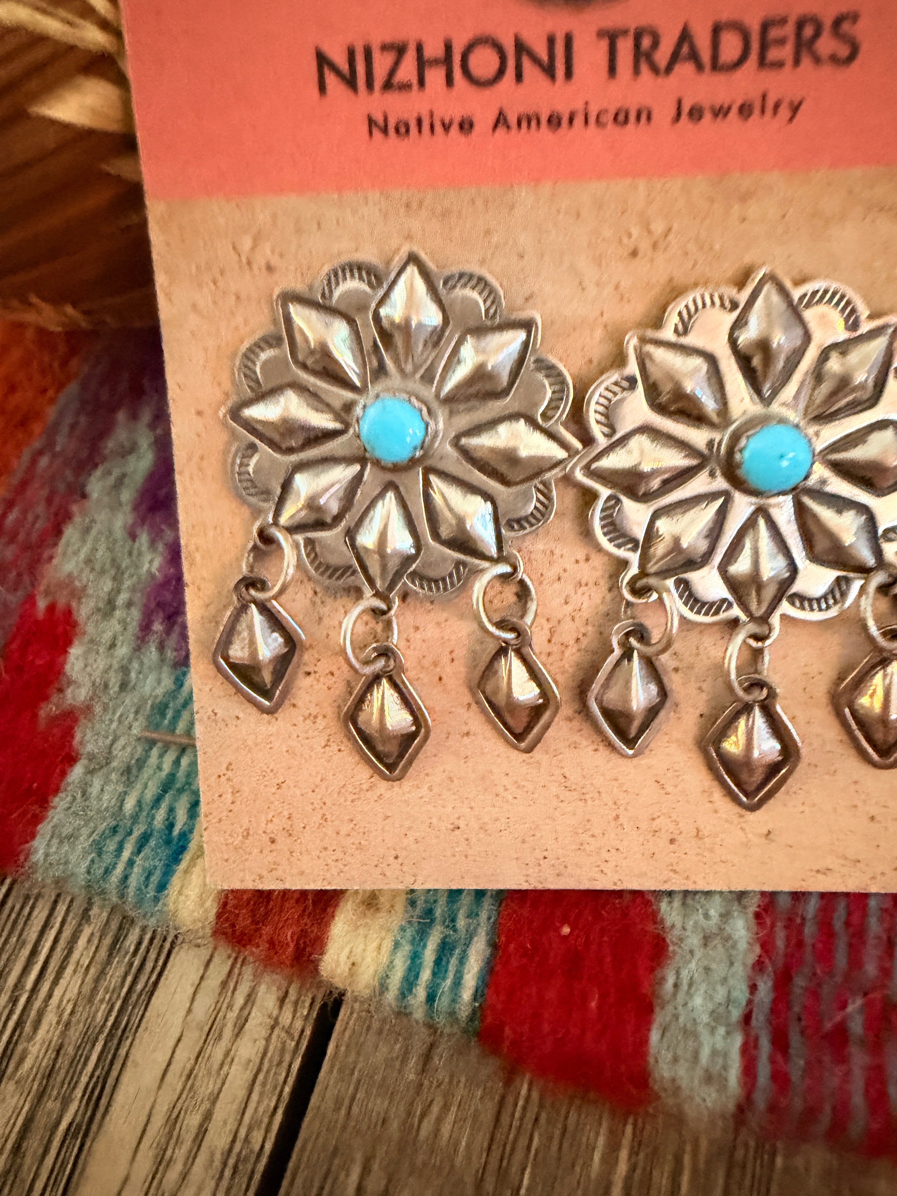 Handcrafted Old Pawn Turquoise and Sterling Silver Concho Dangle Earrings