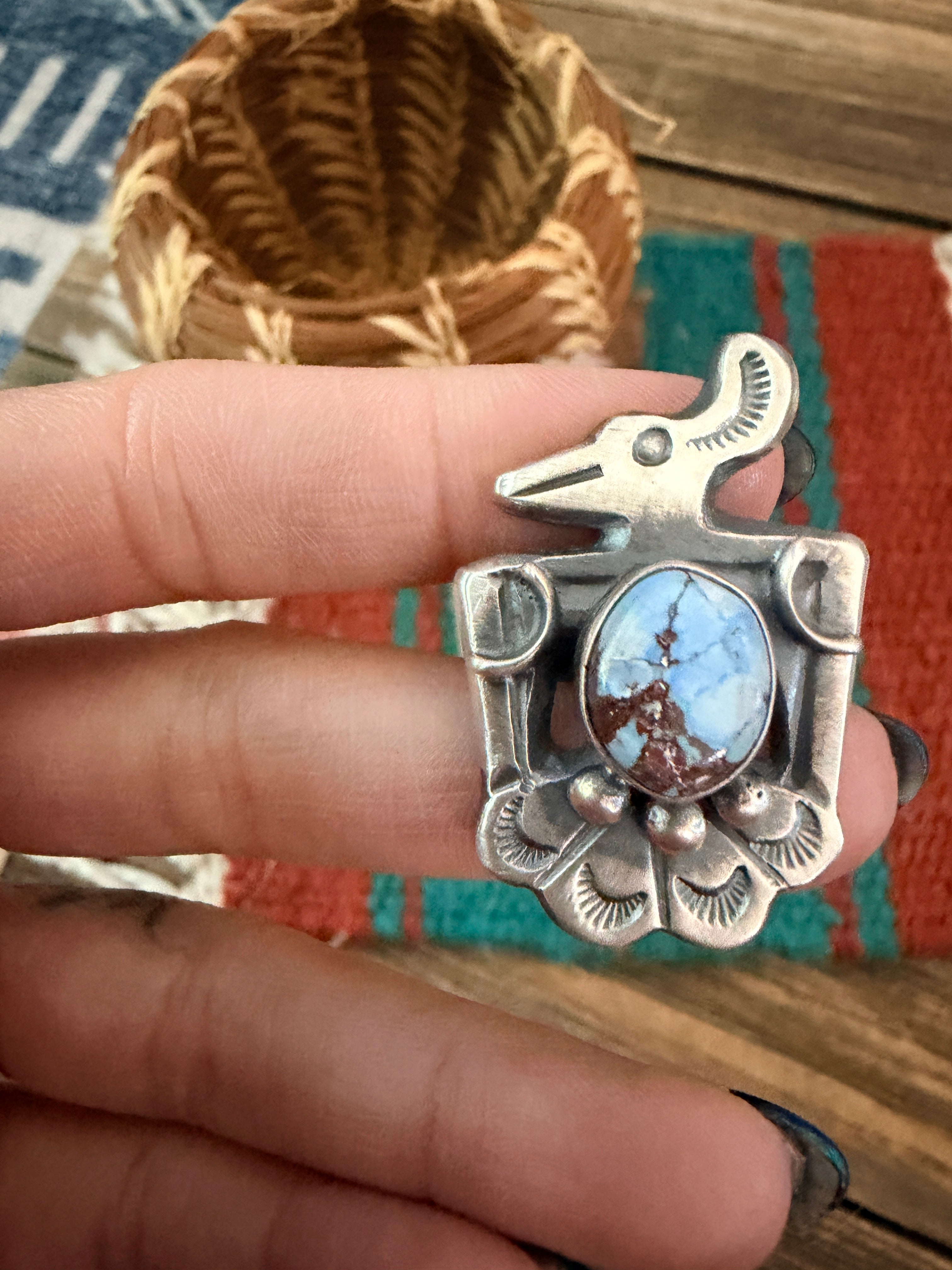 Handcrafted Golden Hills Turquoise and Sterling Silver Thunderbird Ring size 6 by Chimney Butte