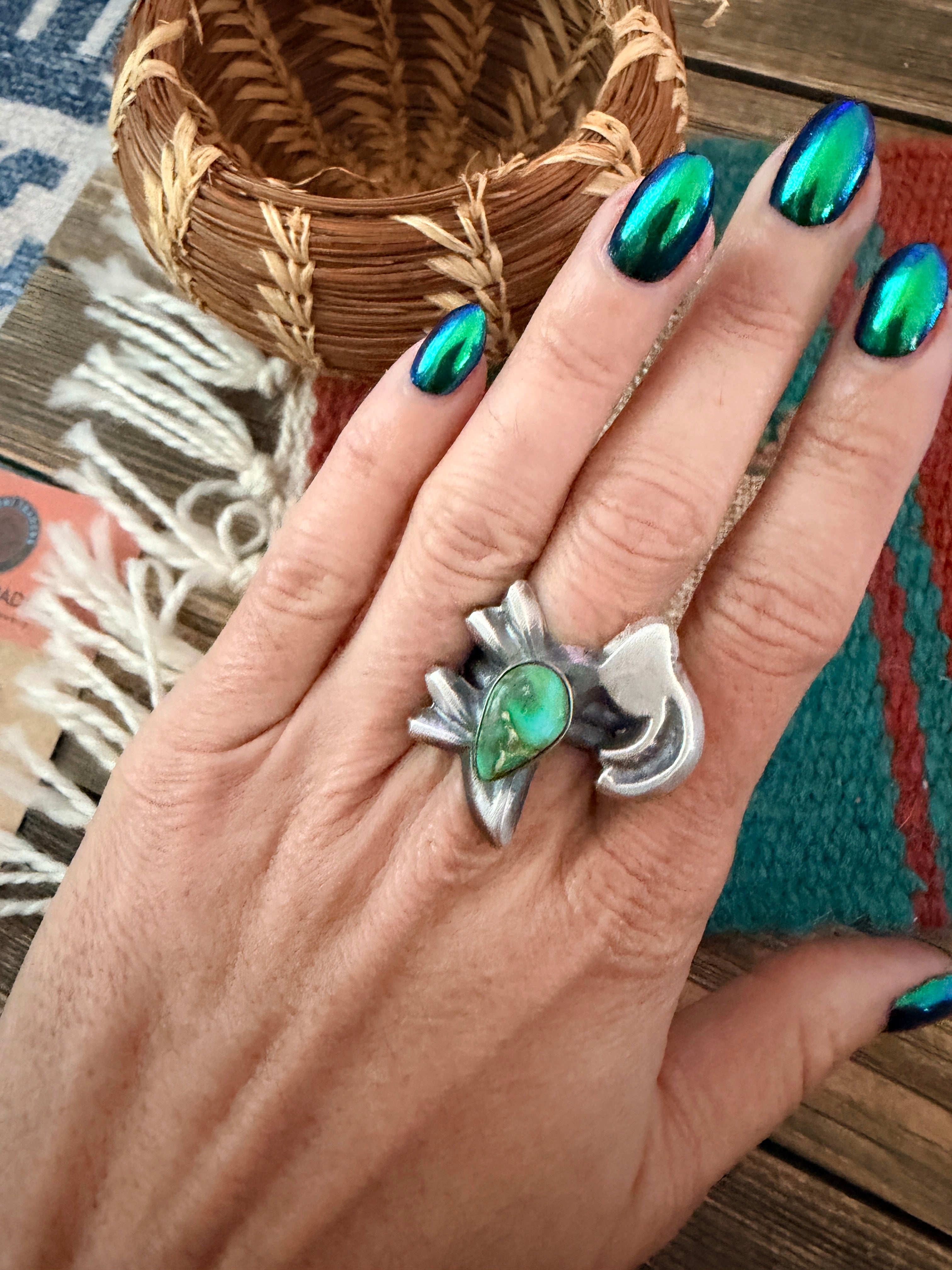Handcrafted Sonoran Mountain Turquoise and Sterling Silver Goat Ring size 7 by Chimney Butte