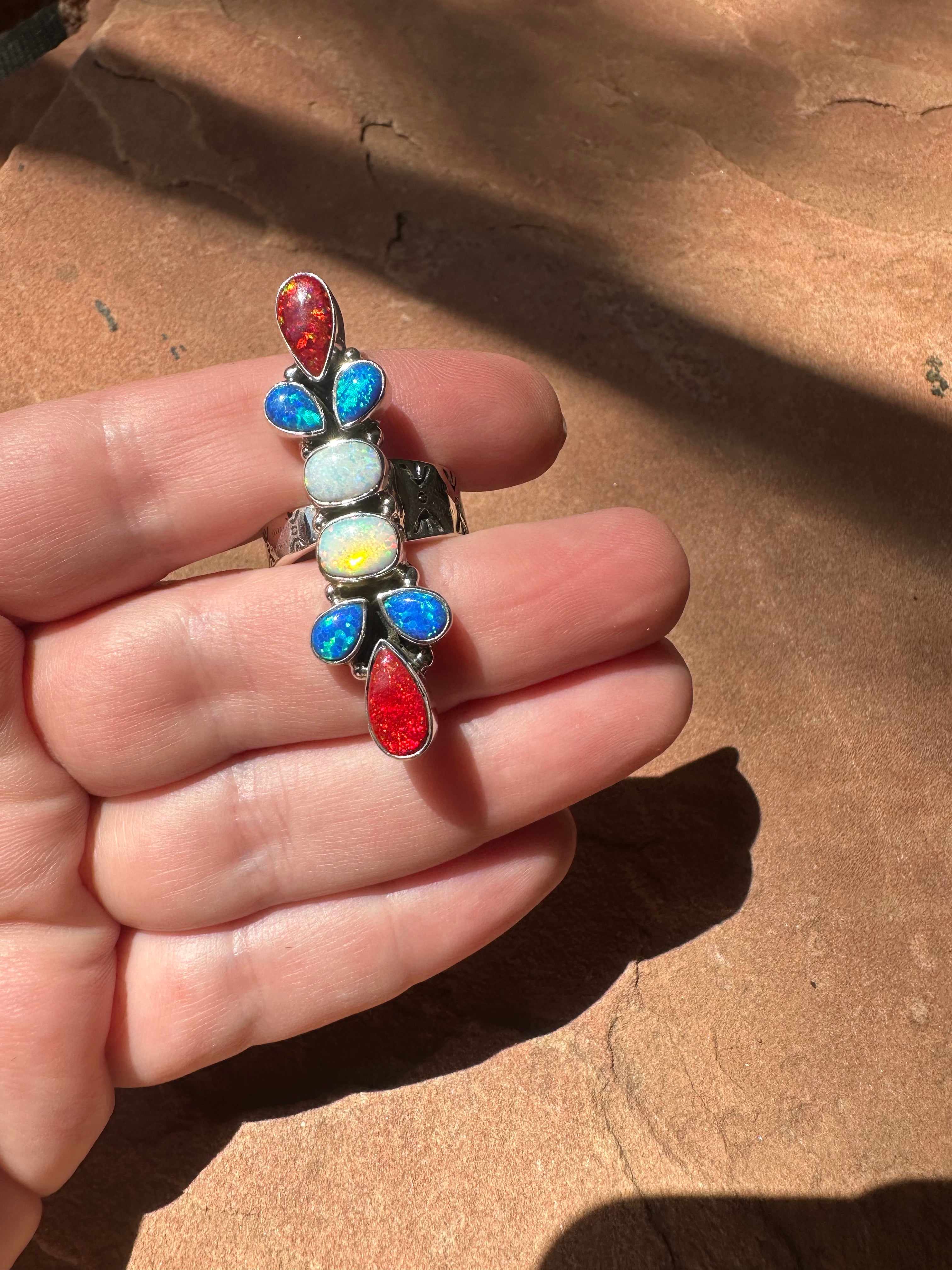 4TH OF JULY COLLECTION Handmade Red, White & Blue Fire Opal & Sterling Silver Adjustable Ring Signed Nizhoni