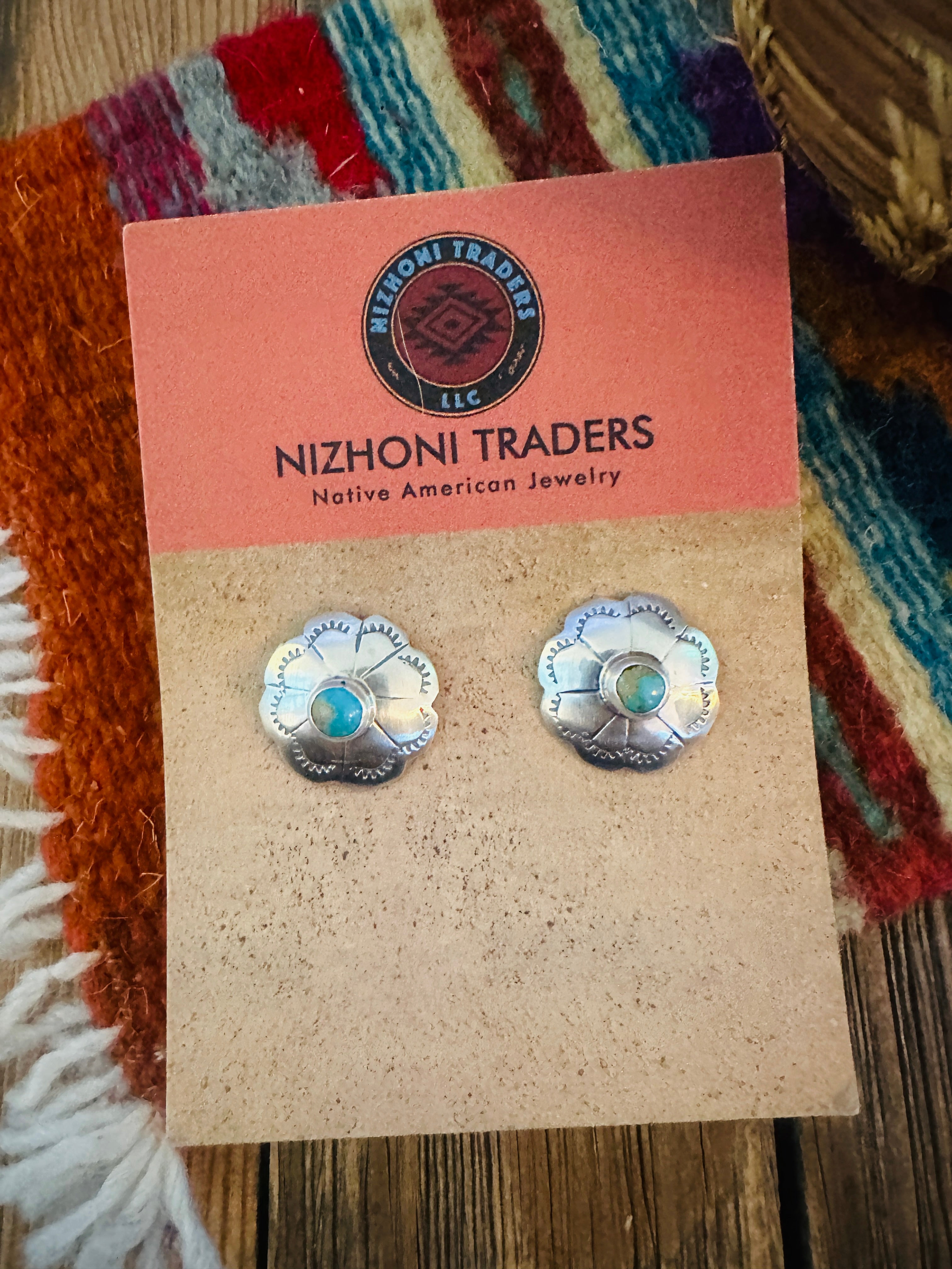 Handcrafted Sterling Silver & Turquoise Flower Concho Stud Earrings