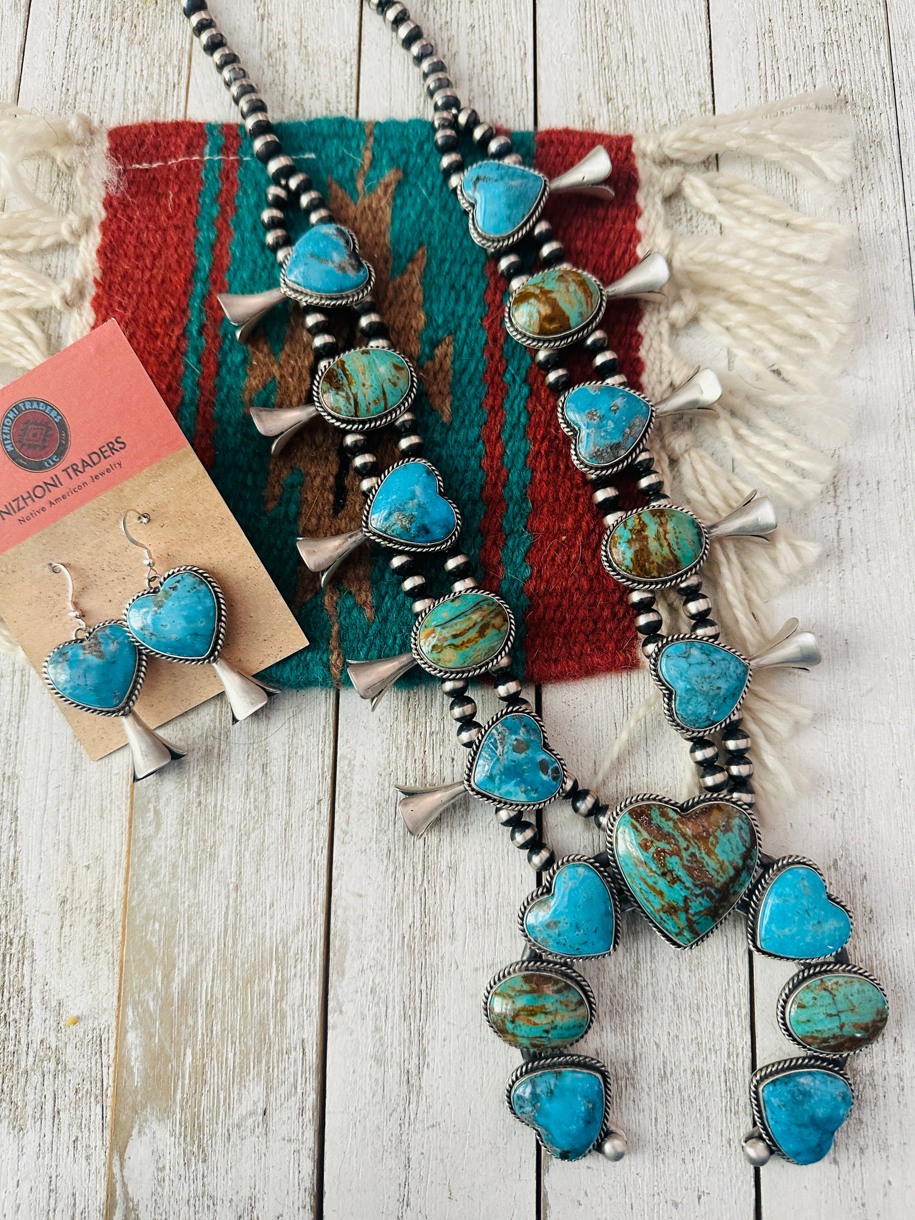 Navajo Golden Hills Turquoise & Sterling Silver Squash Blossom Necklace Set