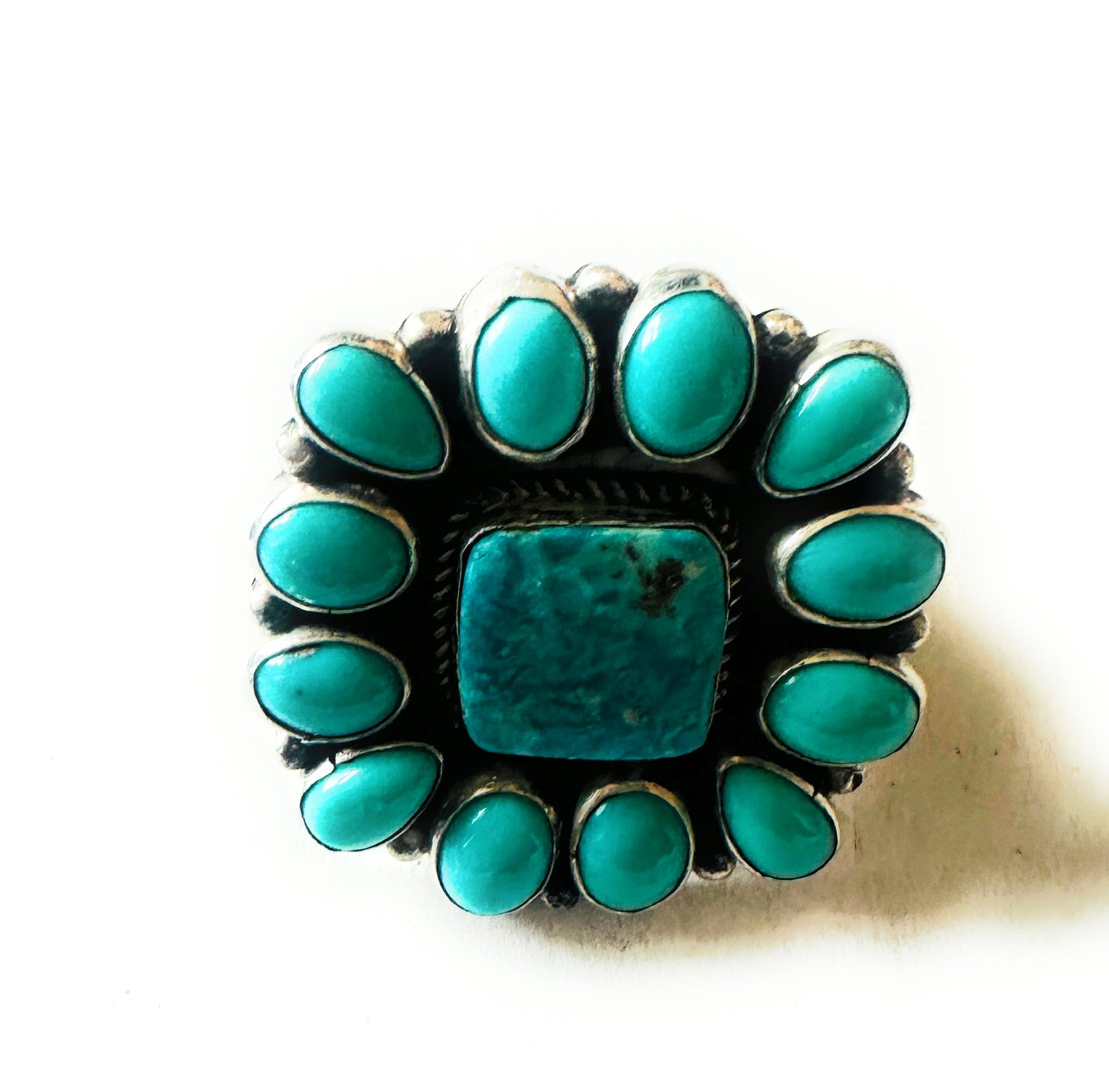 Navajo Turquoise & Sterling Silver Cluster Ring Size 7.5