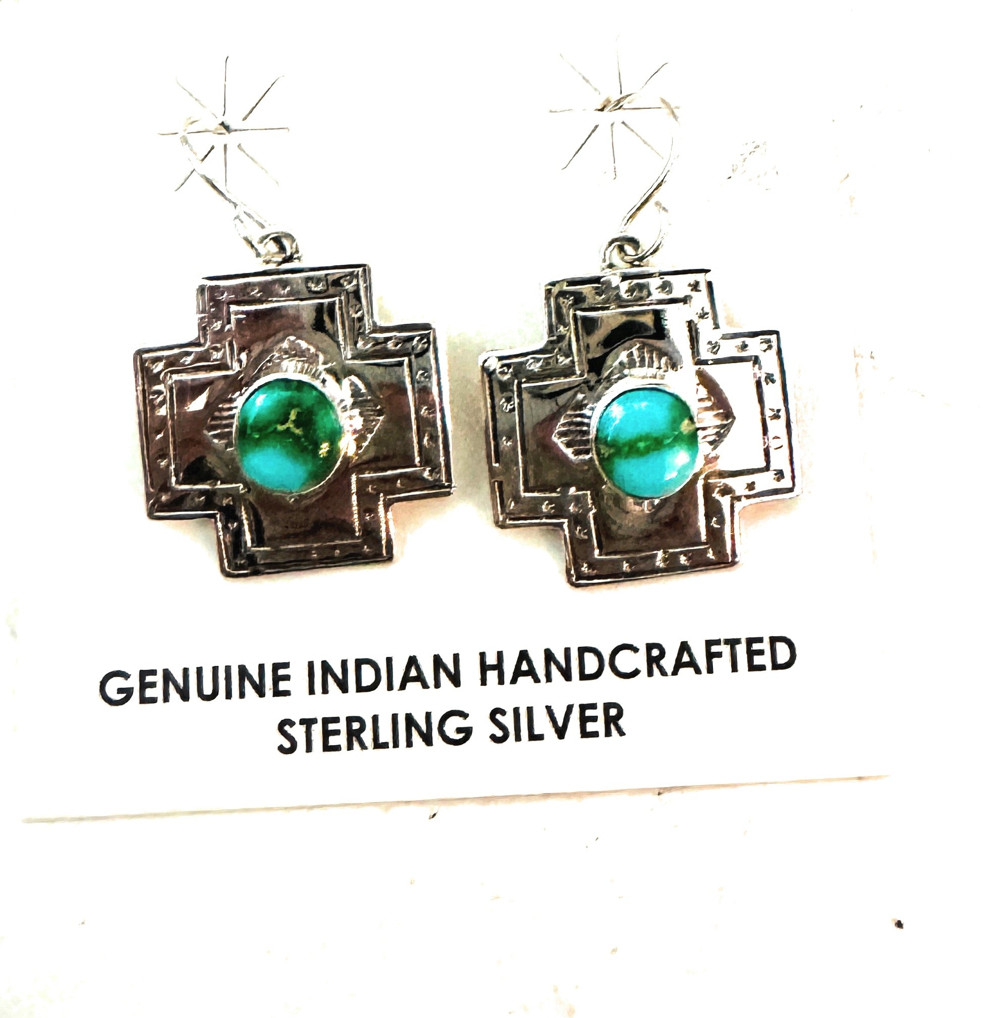 Navajo Sonoran Mountain Turquoise And Sterling Silver Cross Dangle Earrings