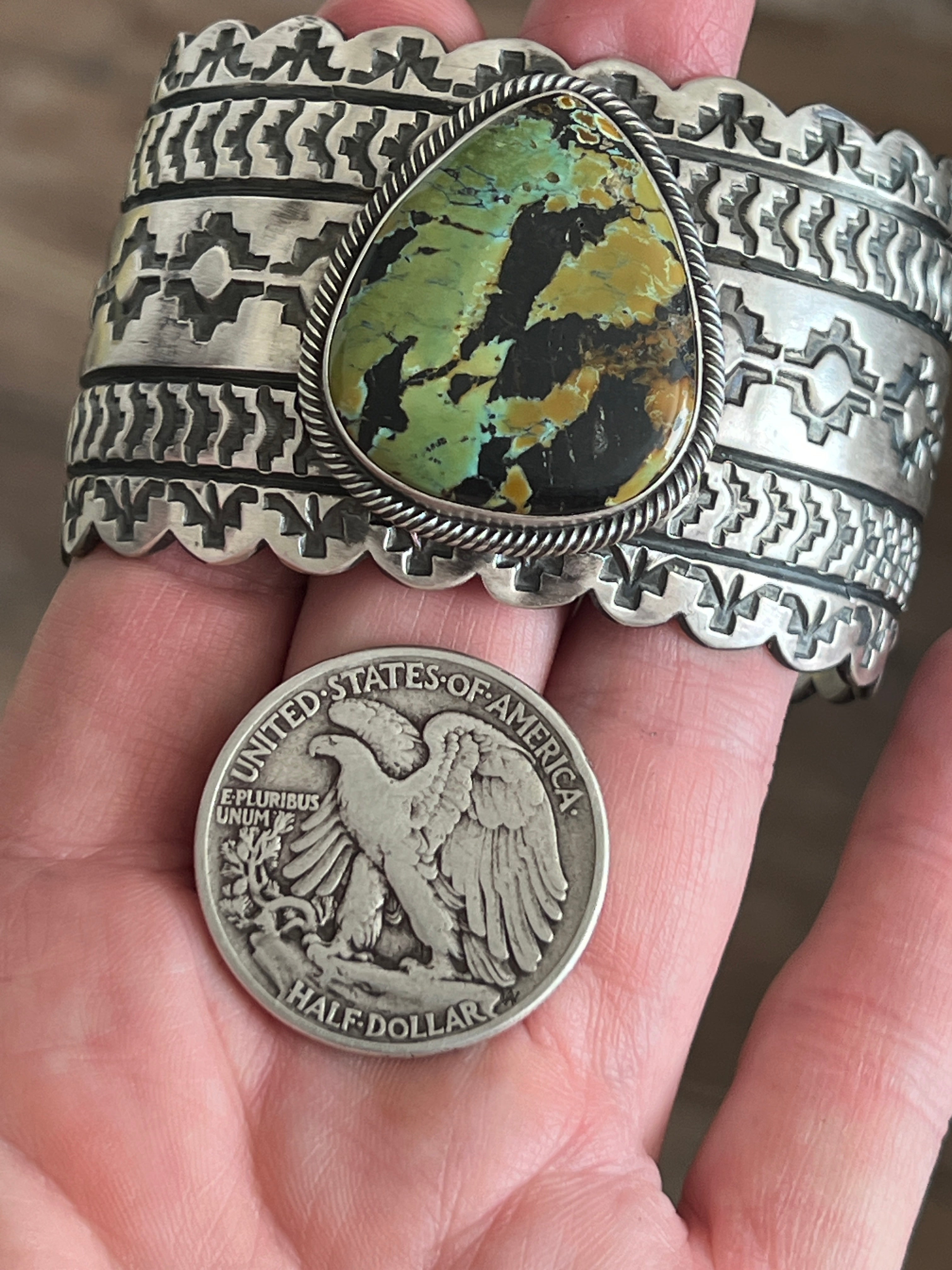 Navajo Hand Stamped Sterling Silver and Blackjack Turquoise Cuff Bracelet by Randy Boyd