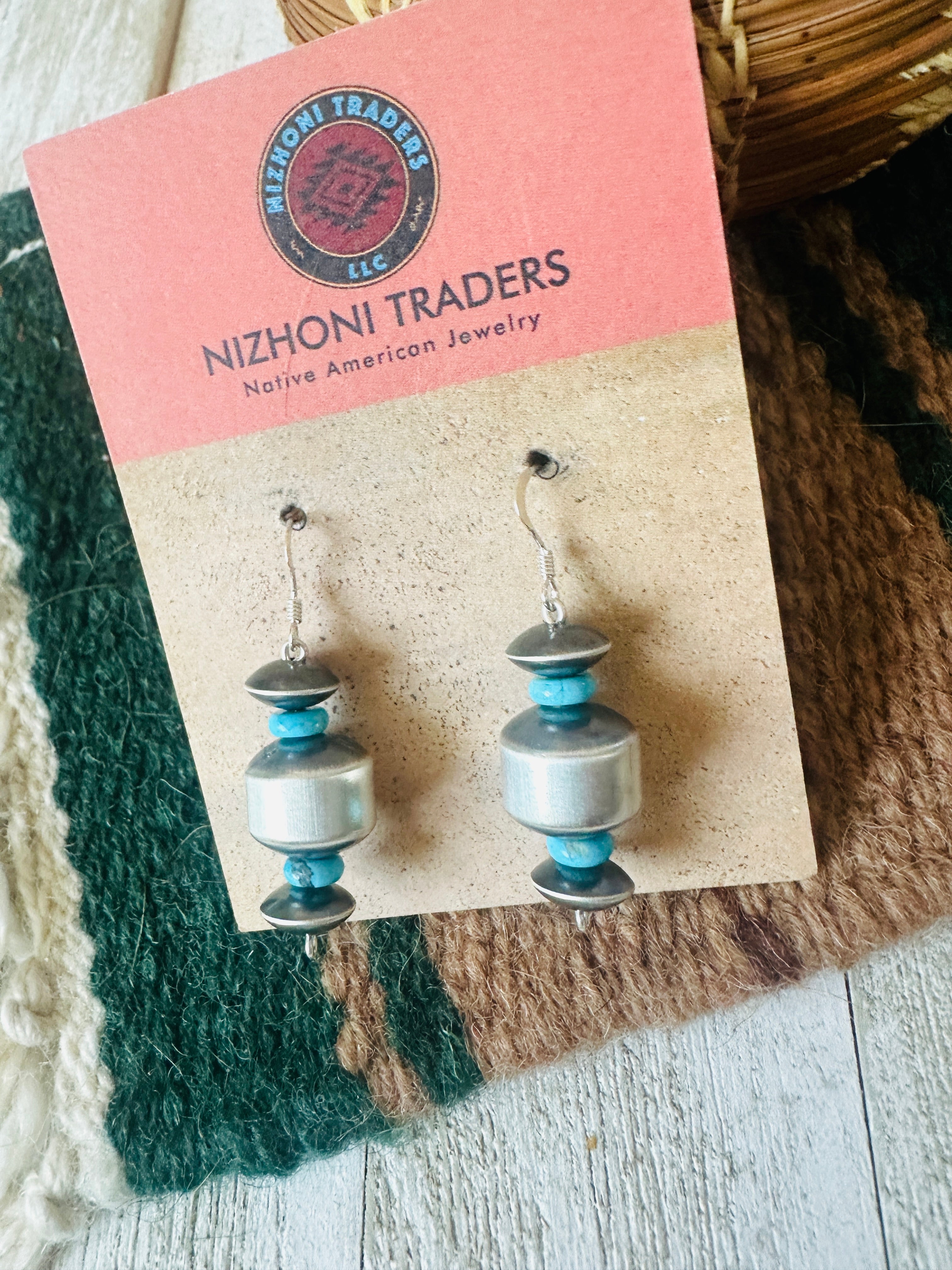 Navajo Turquoise & Sterling Silver Beaded Dangle Earrings