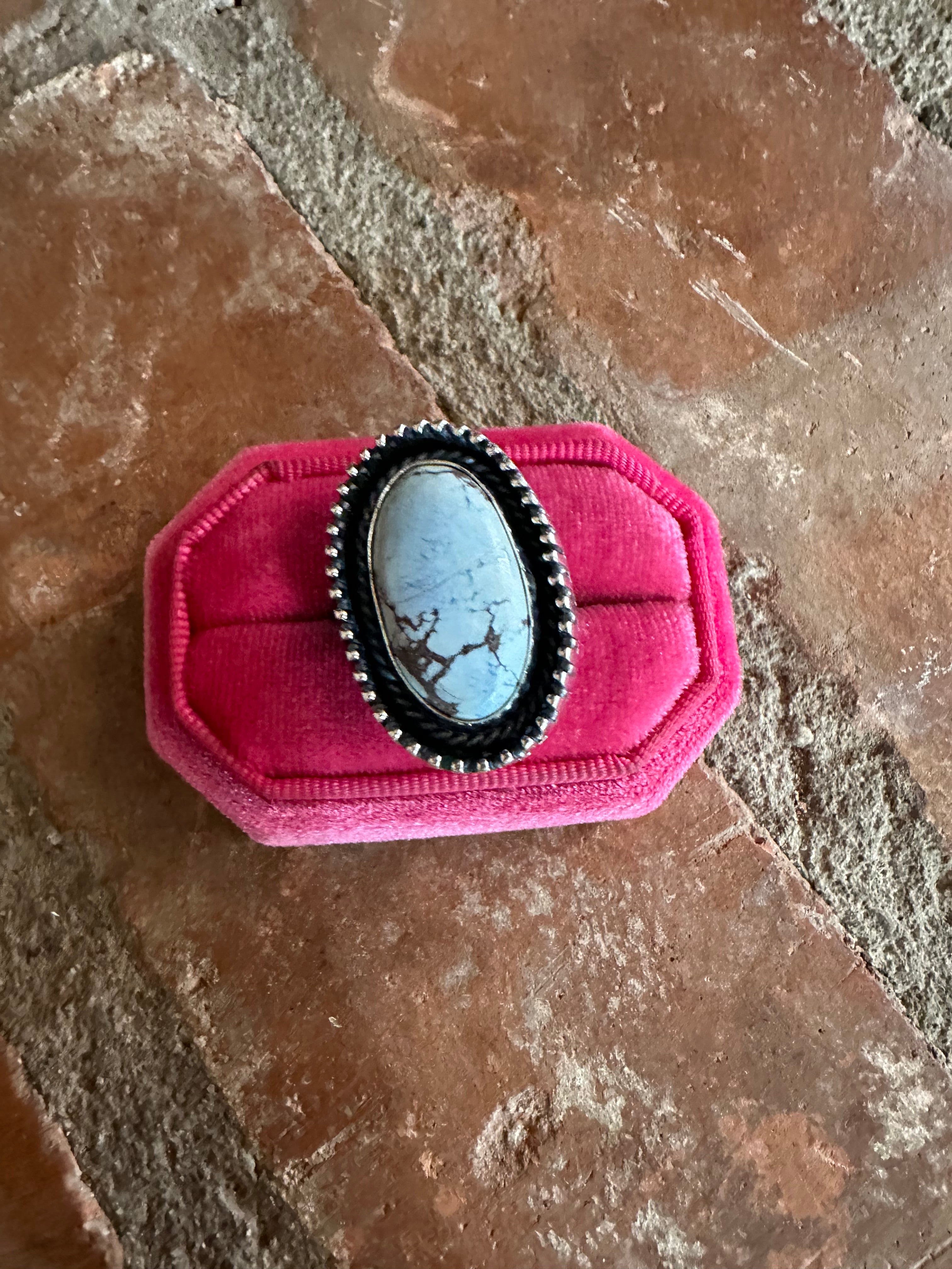 Beautiful Navajo Sterling Silver & Single Stone Golden Hills Turquoise Adjustable Ring Signed