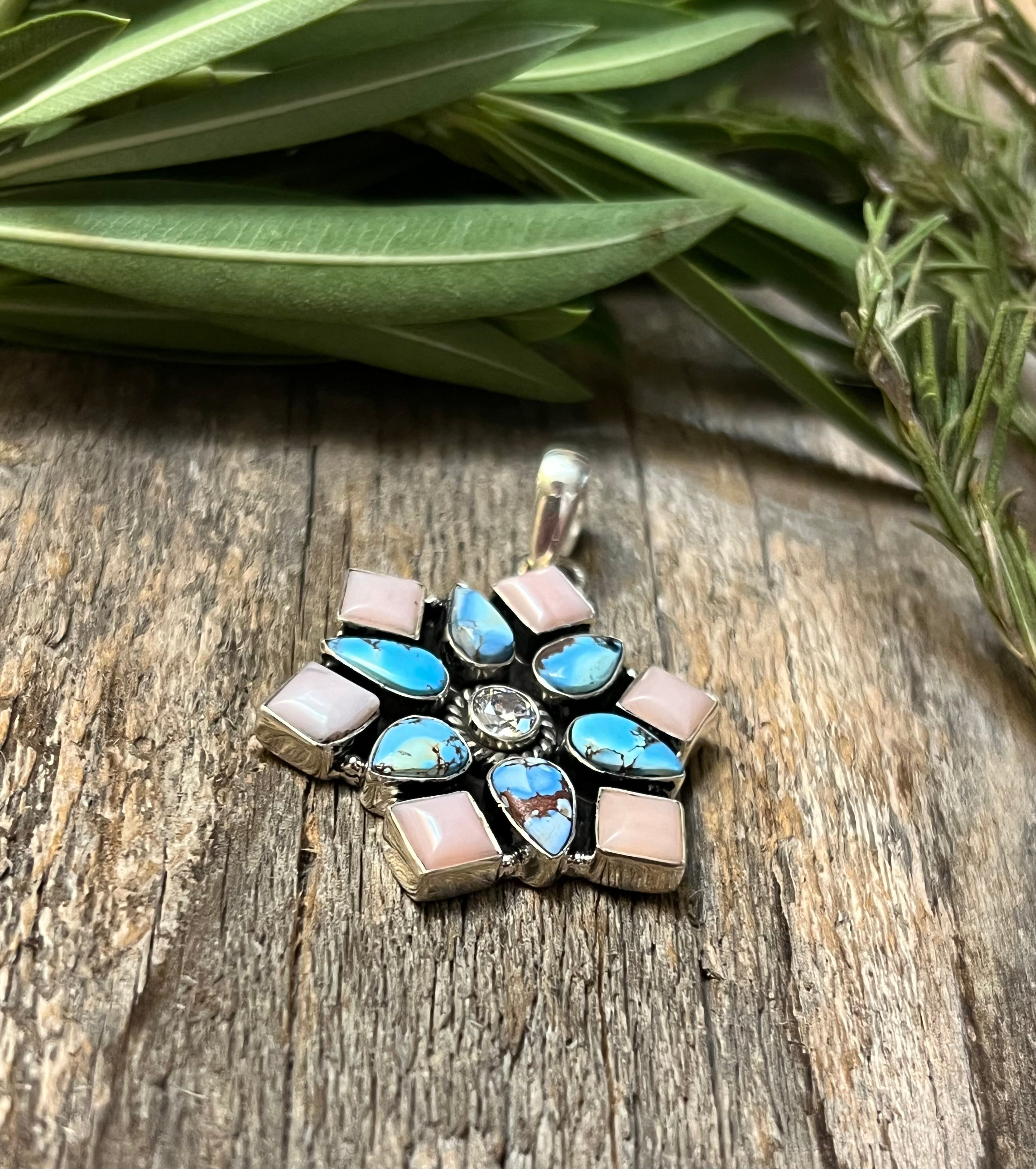 Handmade Sterling Silver Golden Hills Turquoise & Pink Conch CZ Pendant