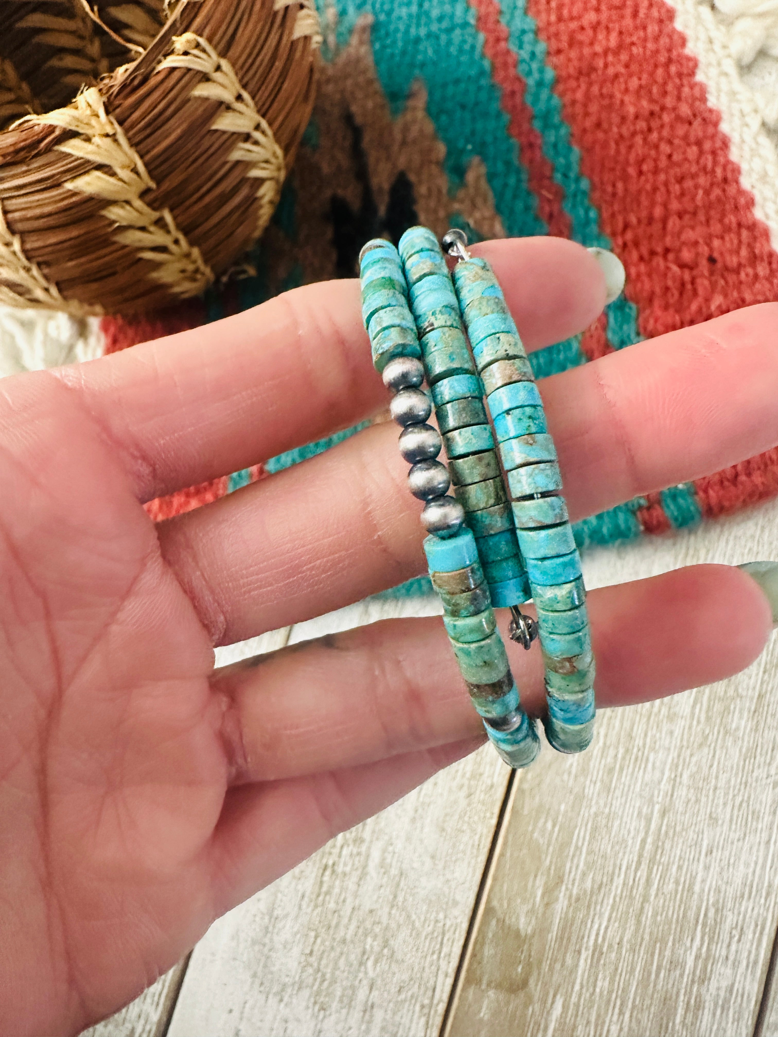 Handcrafted Turquoise & Sterling Silver Beaded Wrap Choker Necklace