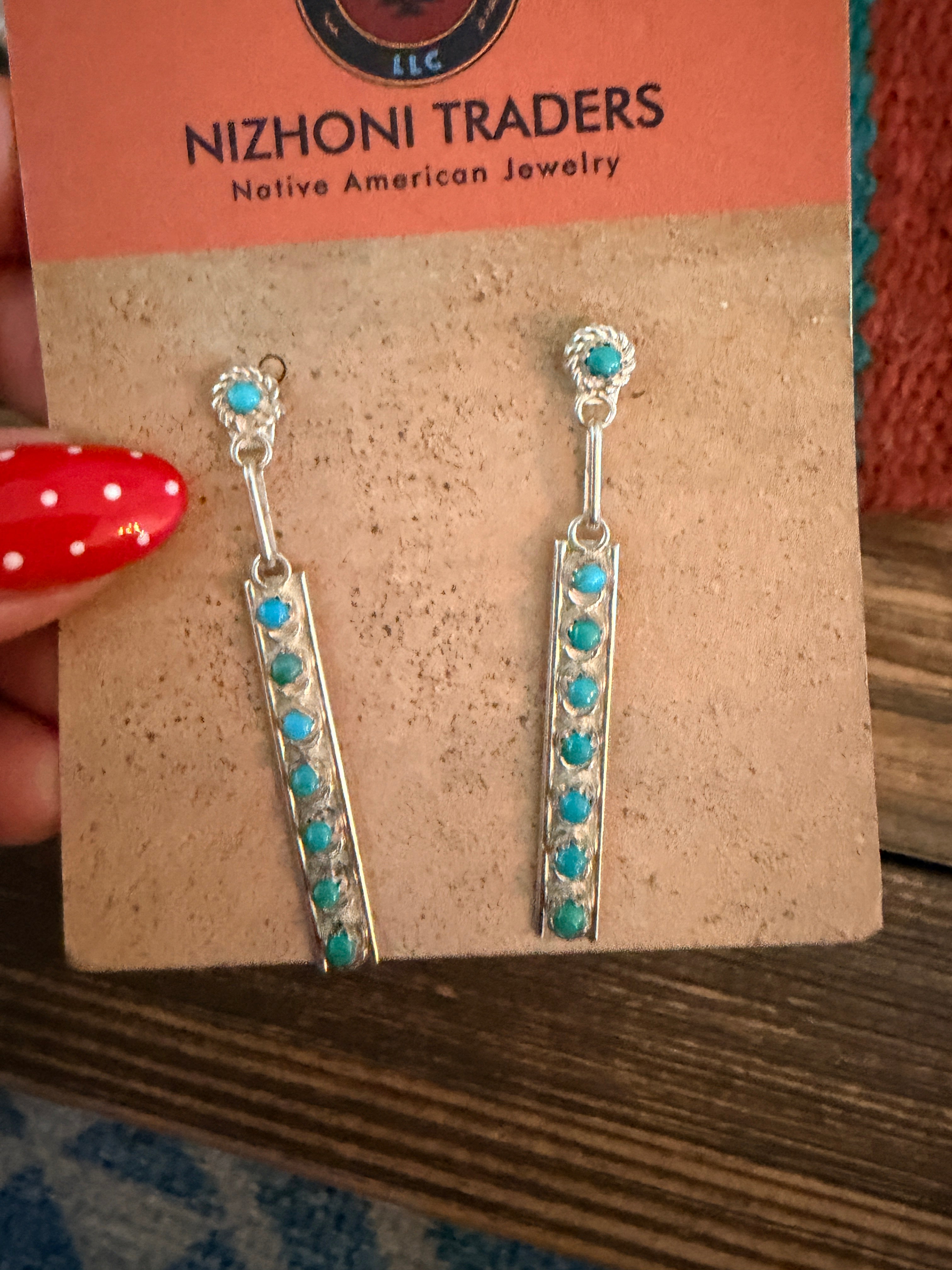 Old Pawn Handcrafted Turquoise & Sterling Silver Petit Point Dangle Earrings