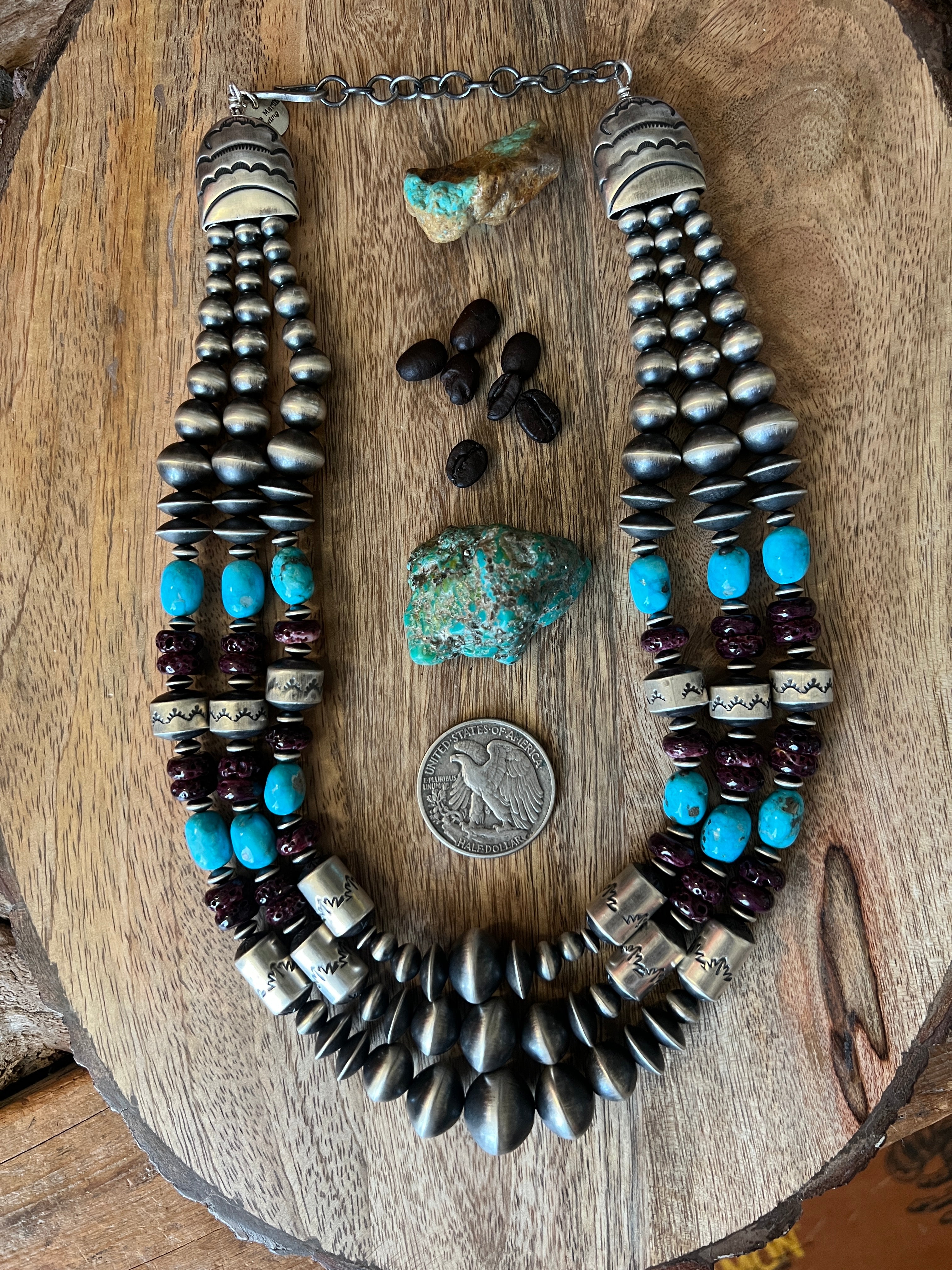 Rose Martin Handcrafted Triple Strand Sterling Silver, Spiny Oyster and Sonoran Mountain Bead Necklace