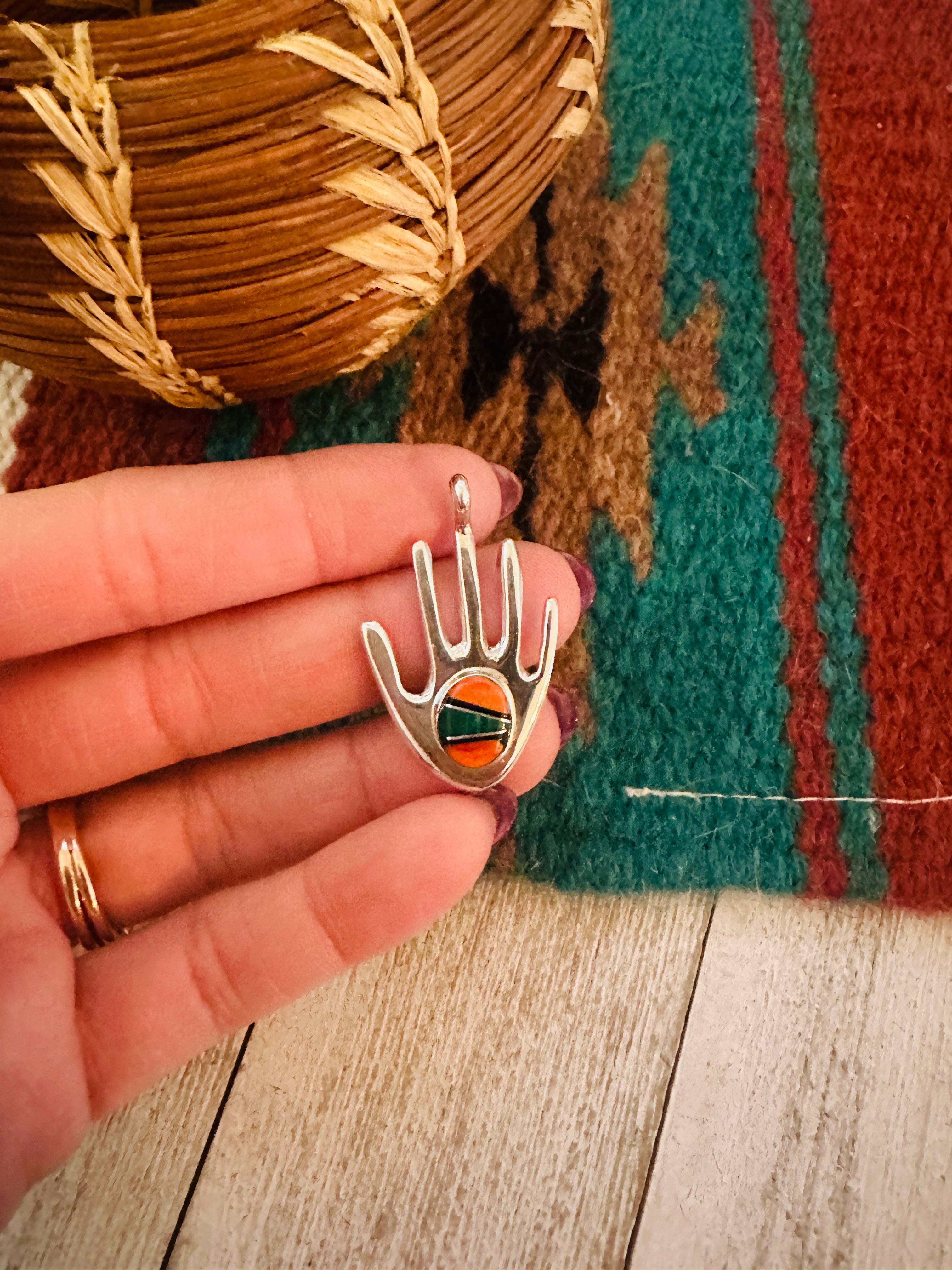 Navajo Multi Stone & Sterling Silver Inlay Hand Pendant