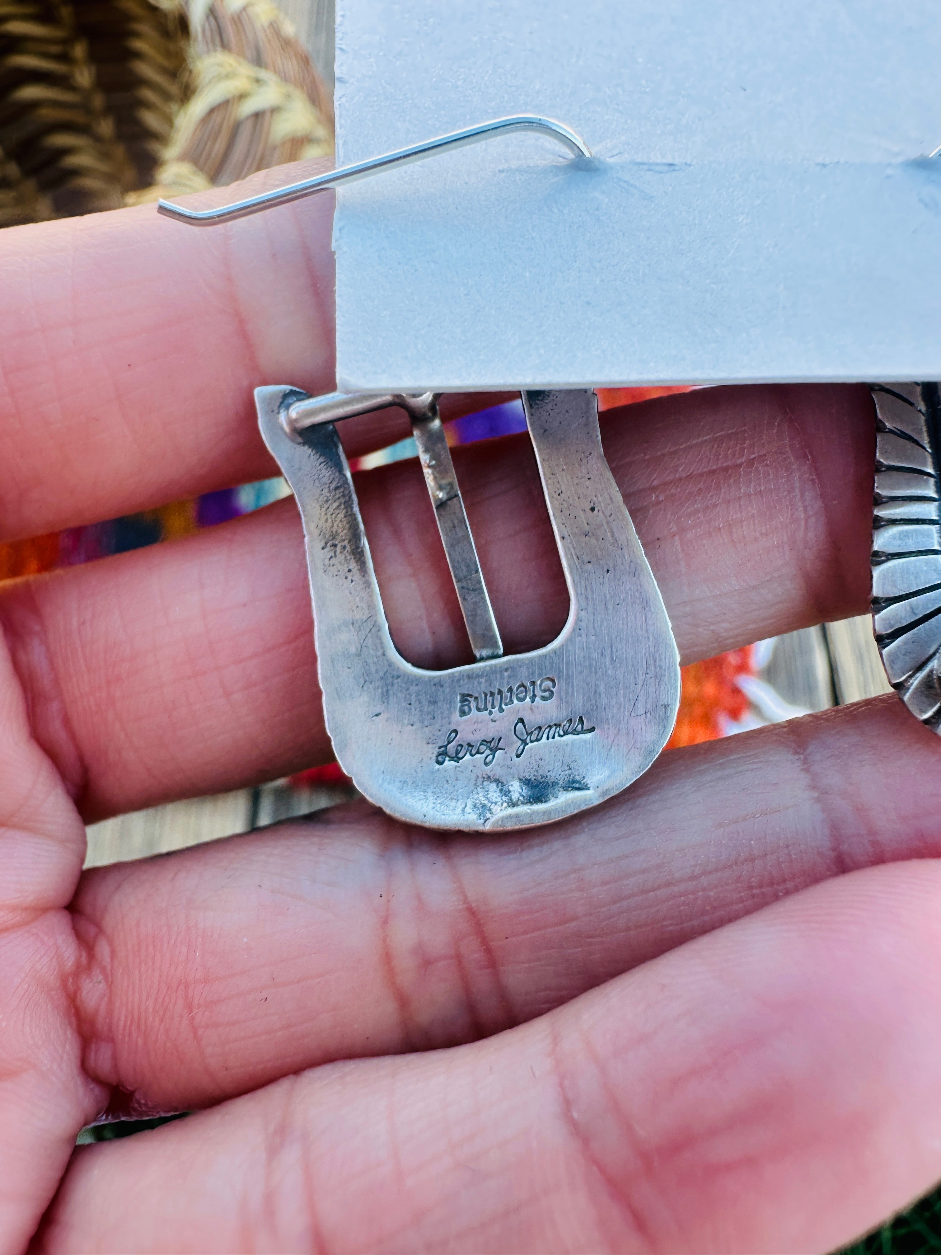 Handcrafted Turquoise & Sterling Silver Belt Buckle Dangle Earrings by Leroy James