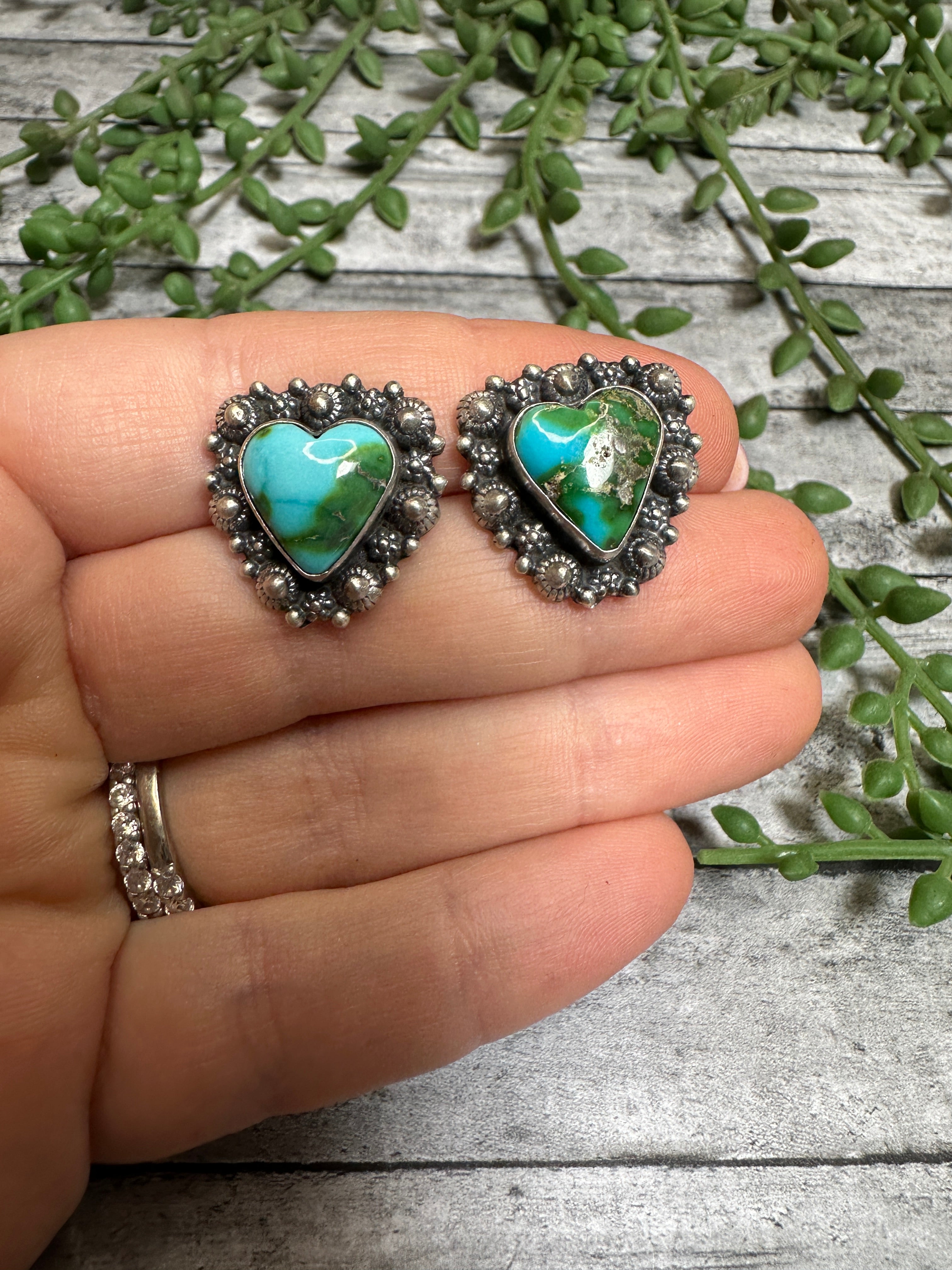 Handmade Sonoran Mountain Turquoise and Sterling Silver Post Heart Earrings BLUES