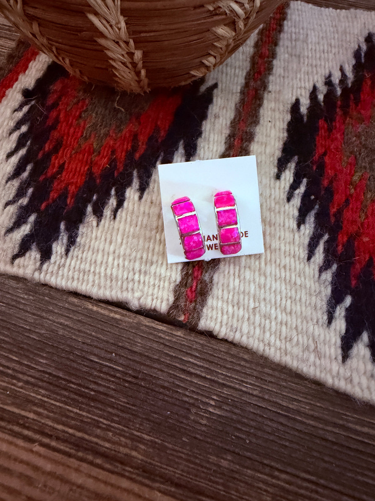 Handcrafted Sterling Silver & Pink Opal Inlay Hoop Earrings