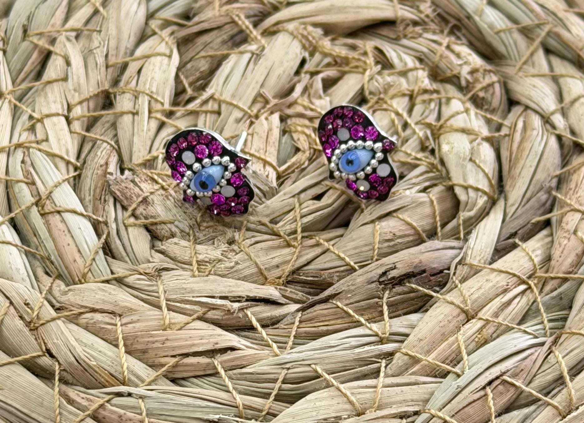 Hamsa Pink Evil Eye Sterling Silver Stud Earrings